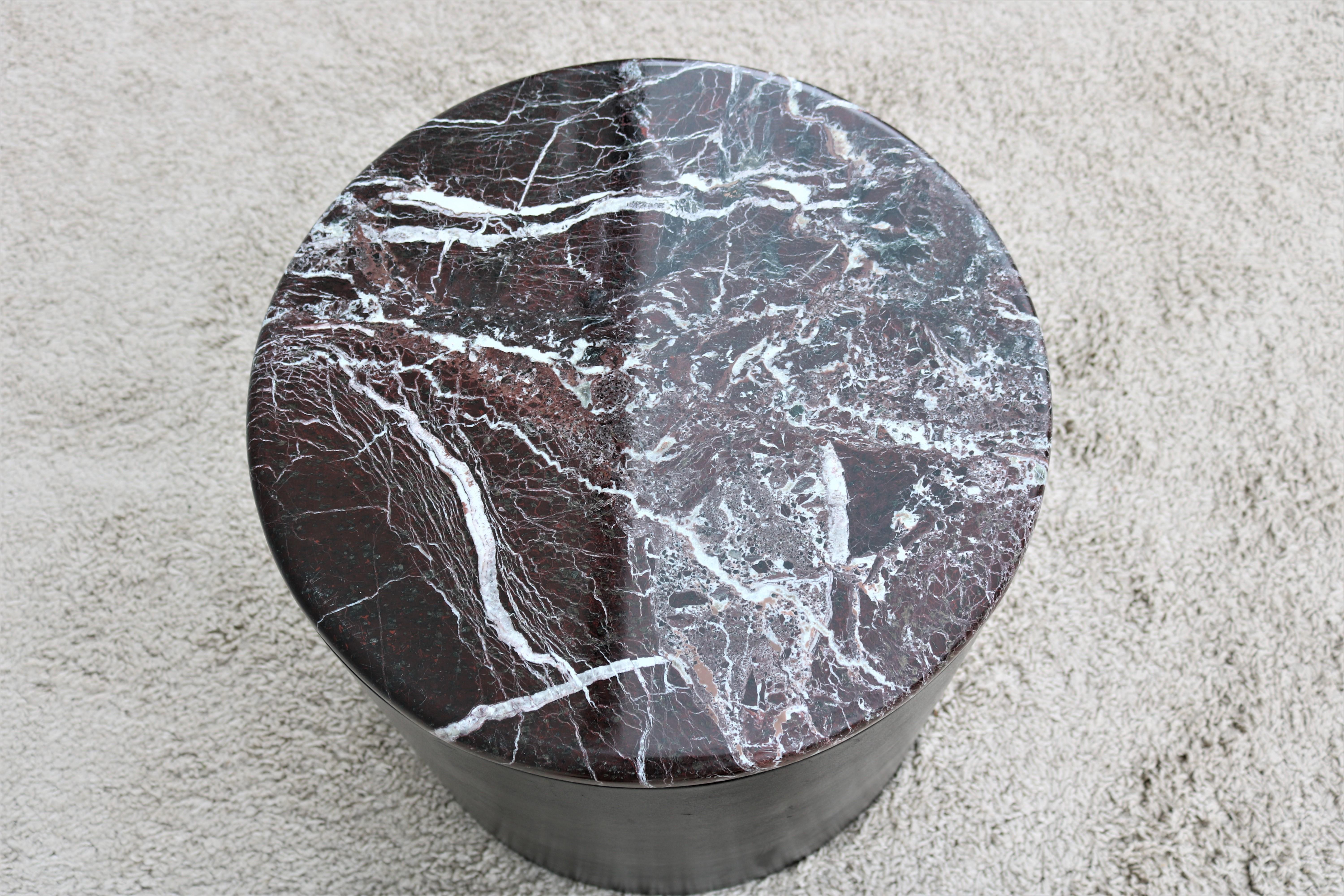 Vintage Mid-Century Modern Paul Mayen Style Burgundy Marble Top Drum Side Table 3