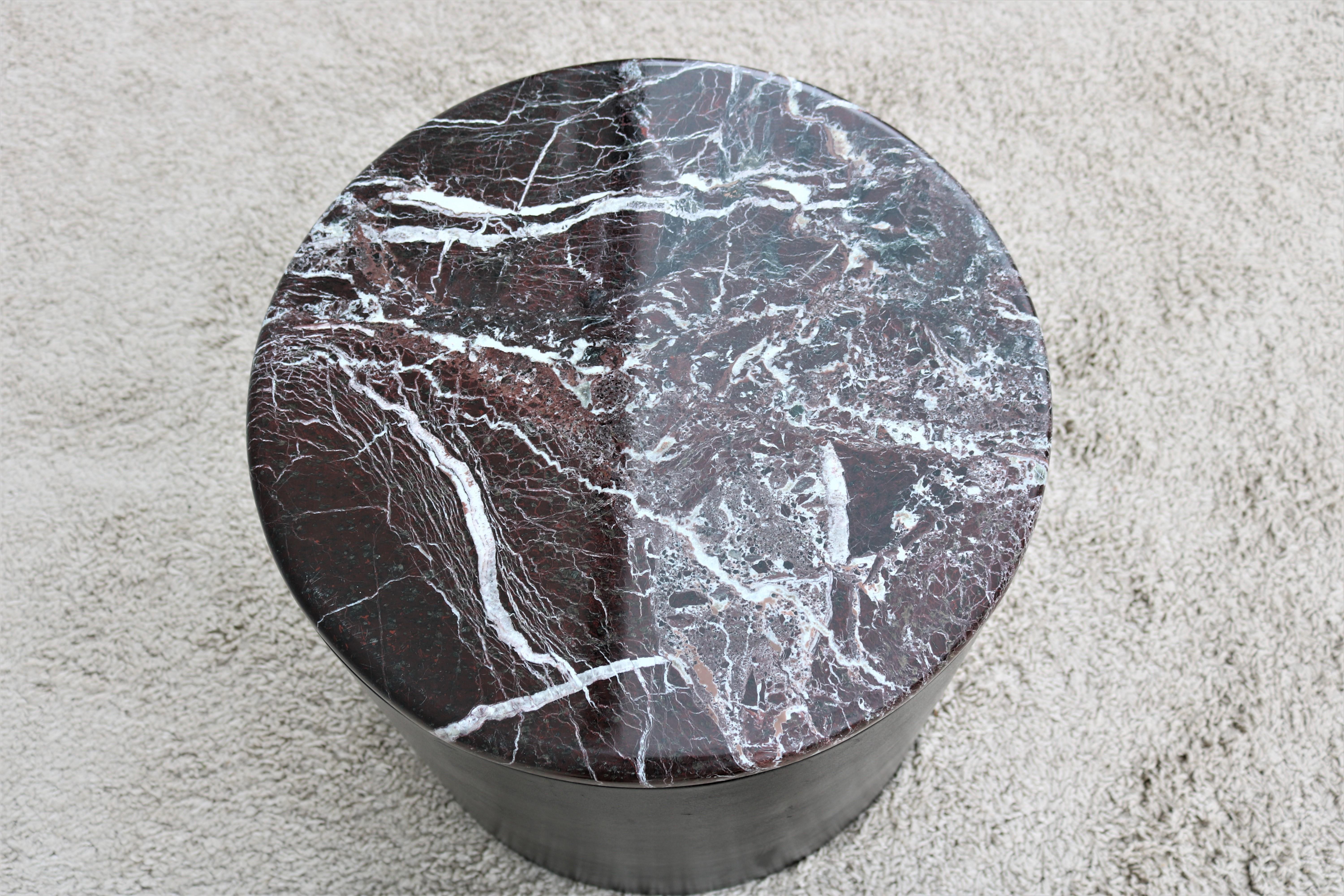 Vintage Mid-Century Modern Paul Mayen Style Burgundy Marble Top Drum Side Table For Sale 3