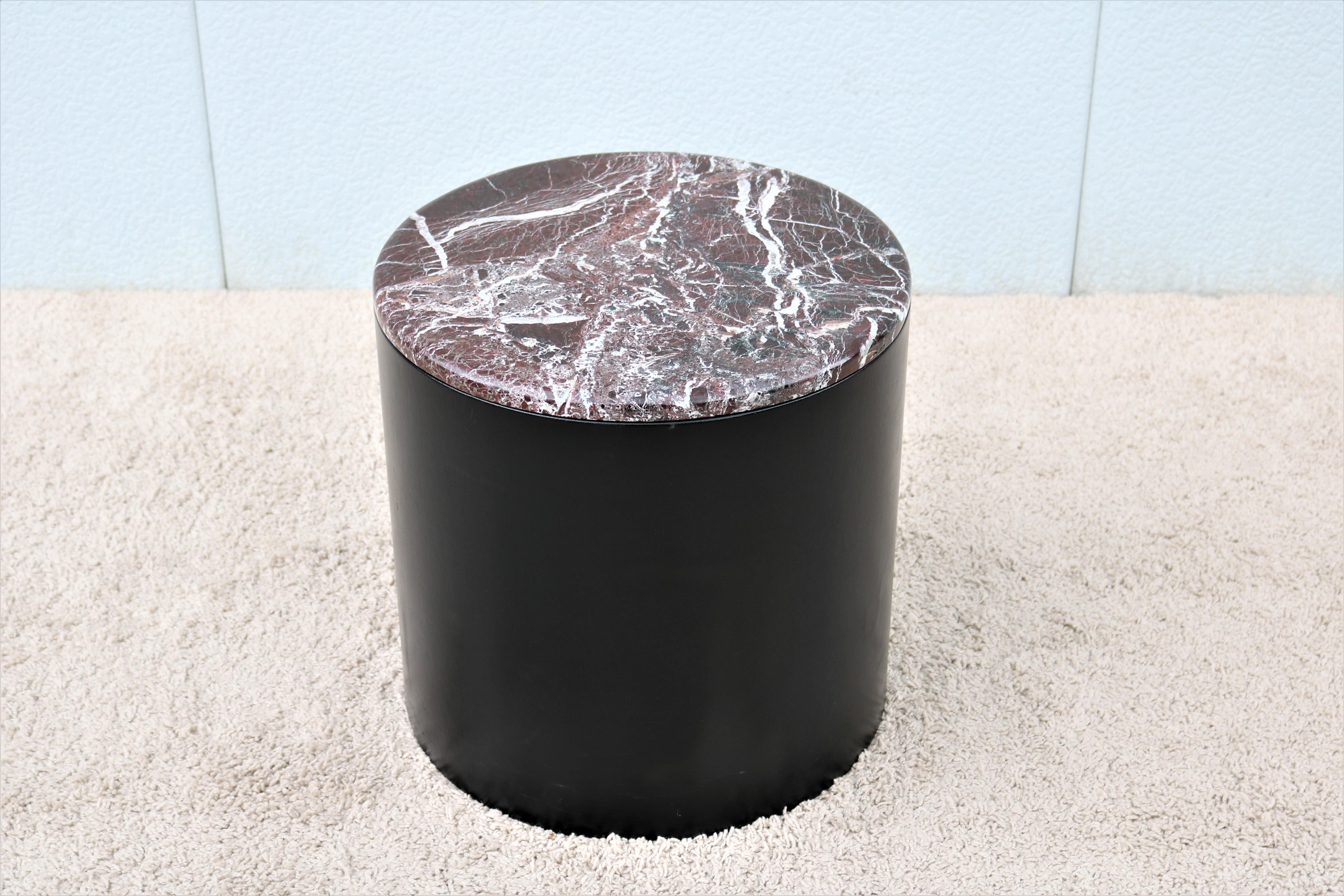 Stunning vintage Paul Mayen style marble top cylinder drum side or end table.
Classic American Mid-Century Modern Designed in 1970 and remains a current timeless and elegant design today.
The Drum table address a number of functional requirements
