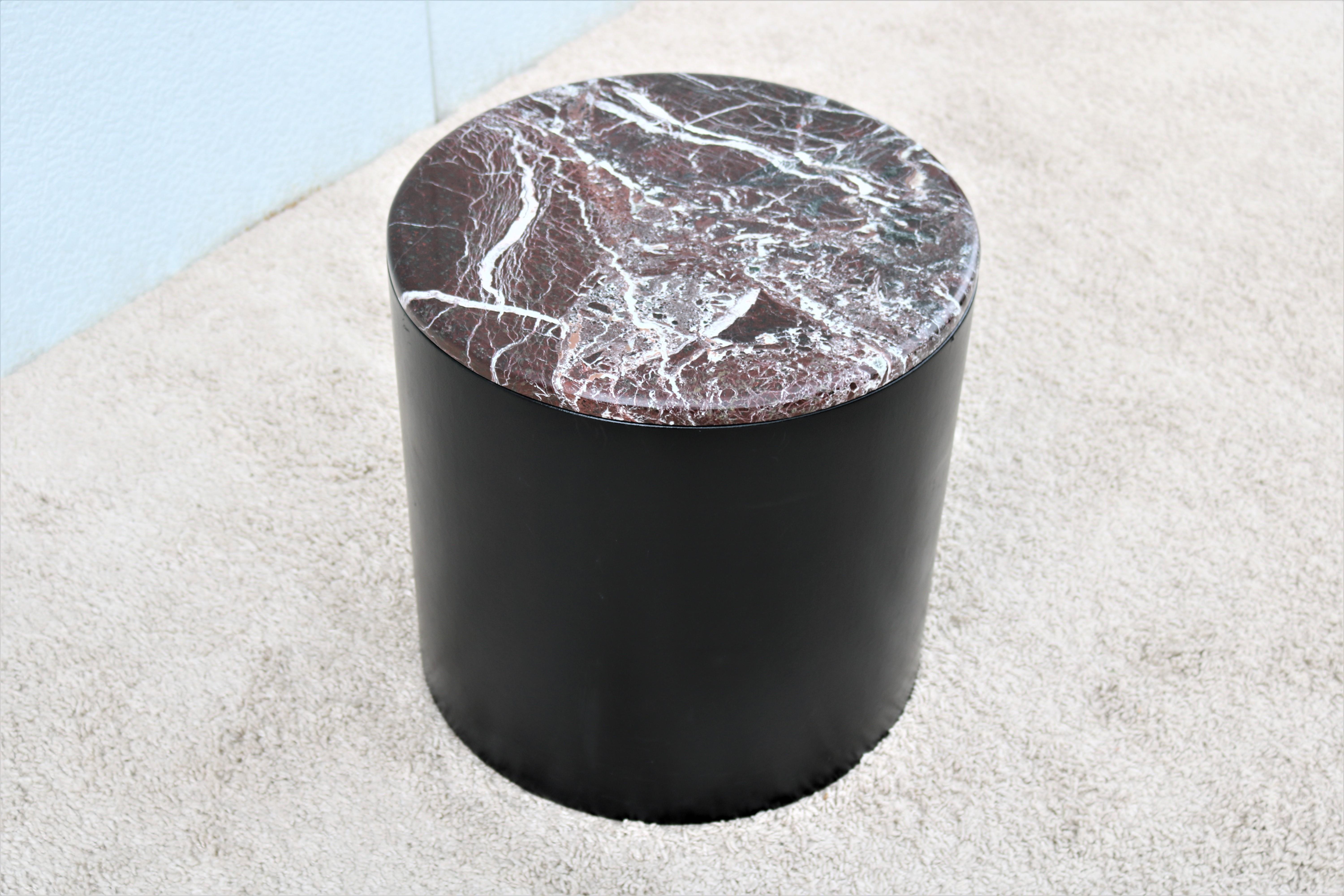 20th Century Vintage Mid-Century Modern Paul Mayen Style Burgundy Marble Top Drum Side Table For Sale