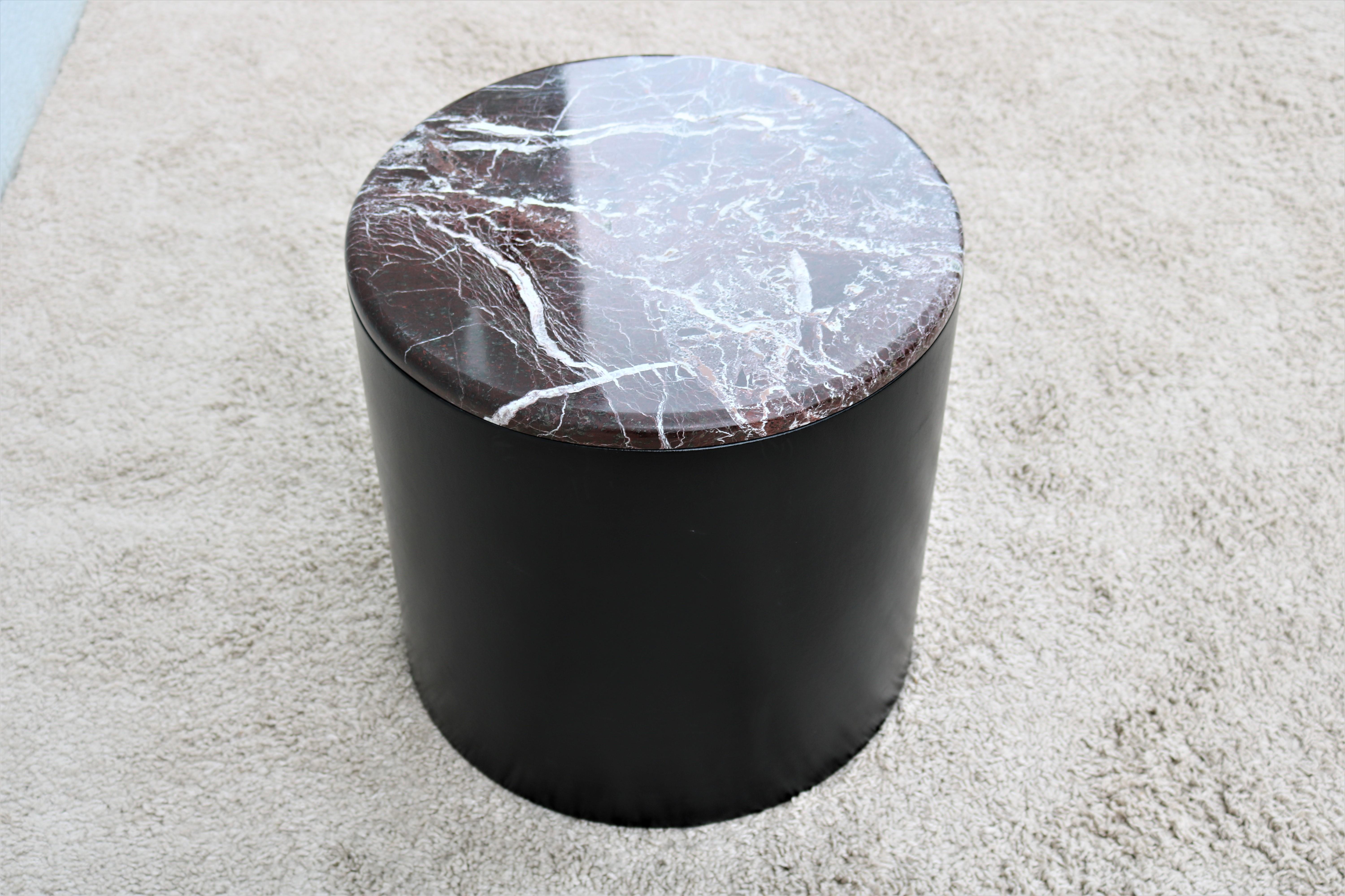 Naugahyde Vintage Mid-Century Modern Paul Mayen Style Burgundy Marble Top Drum Side Table For Sale