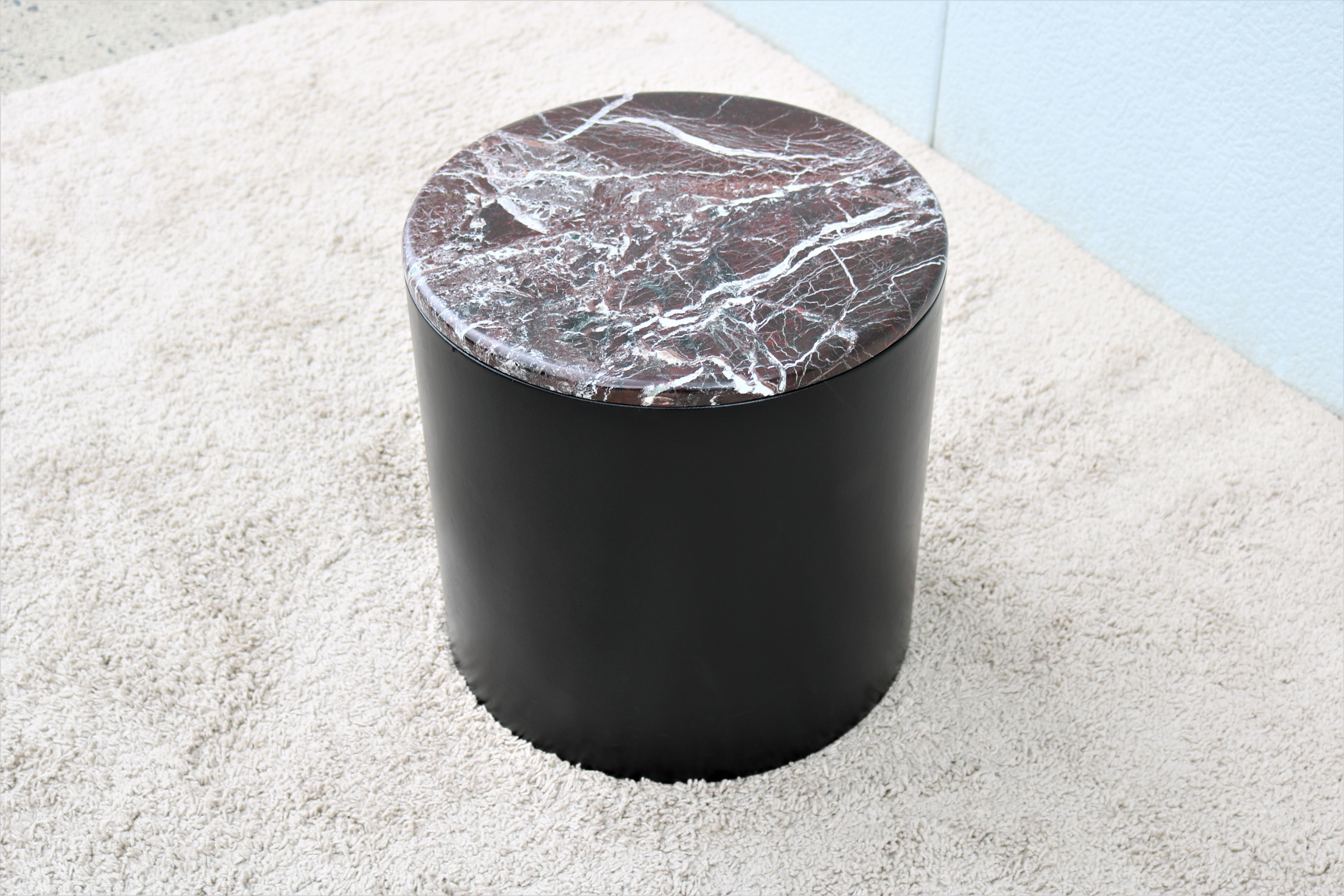 Vintage Mid-Century Modern Paul Mayen Style Burgundy Marble Top Drum Side Table For Sale 1