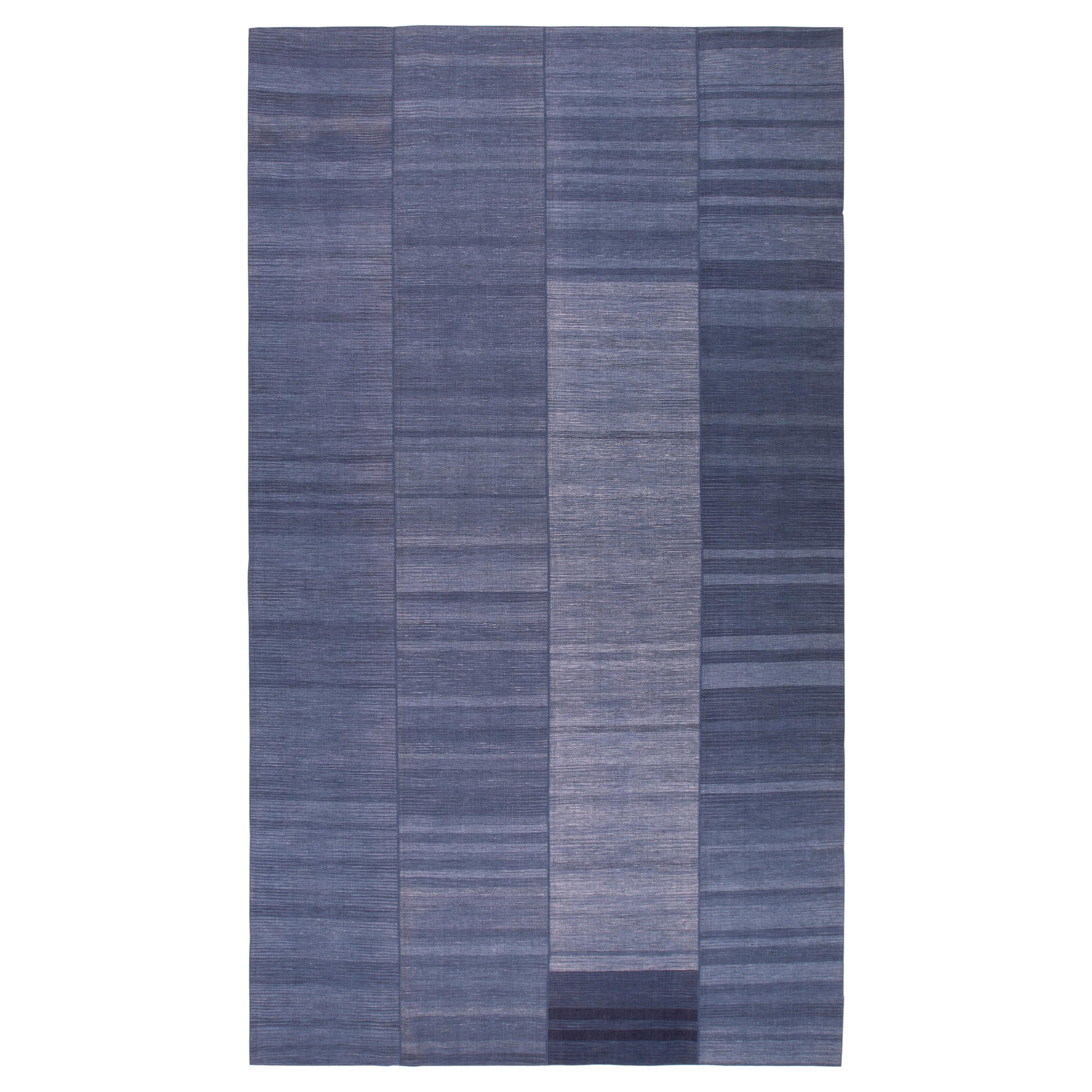 Vintage Mid-Century Modern Pelas Handwoven Flatweave Rug in Shades of Blue For Sale