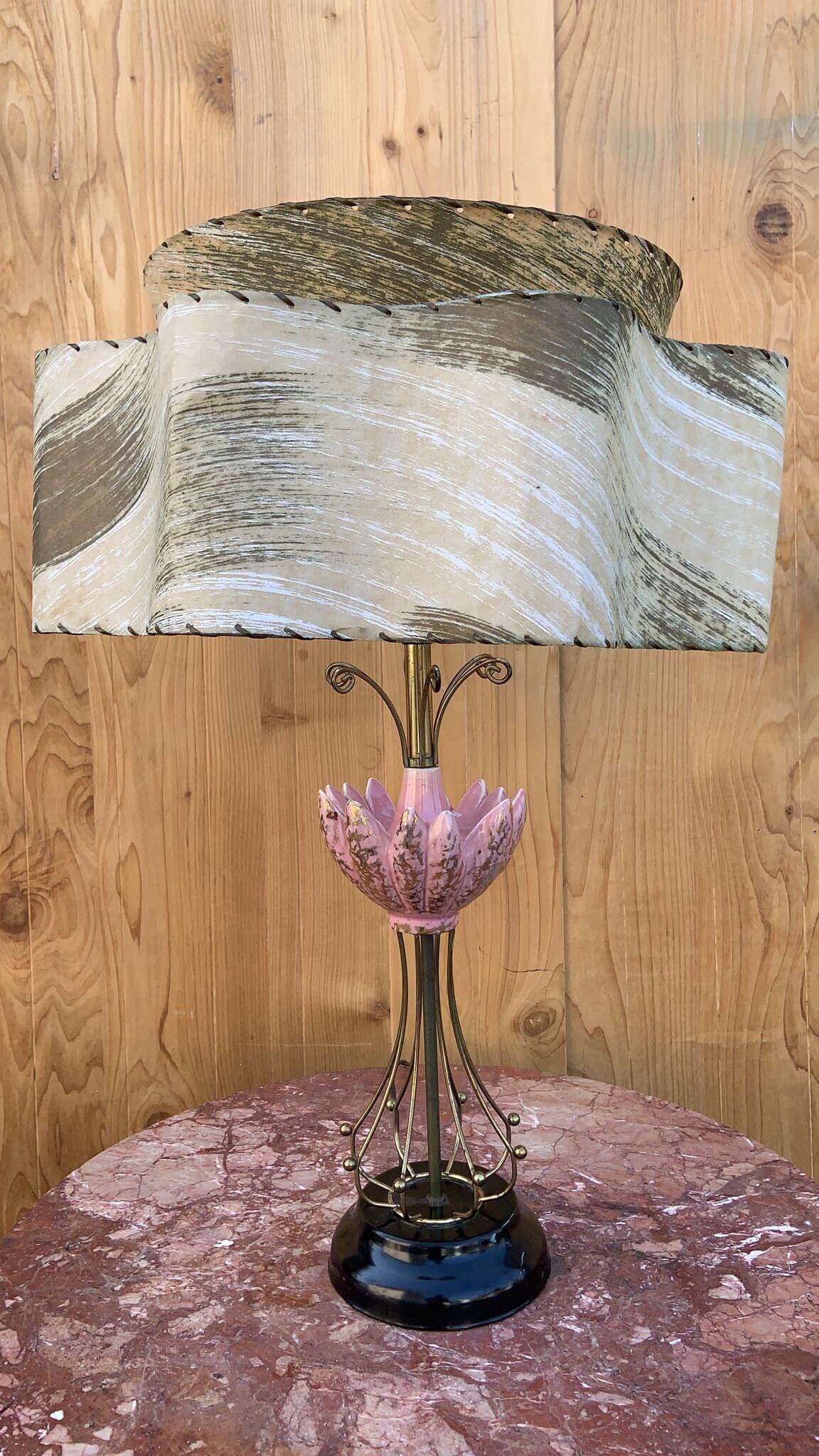 Metal Vintage Mid Century Modern Pink Ceramic Table Lamps For Sale