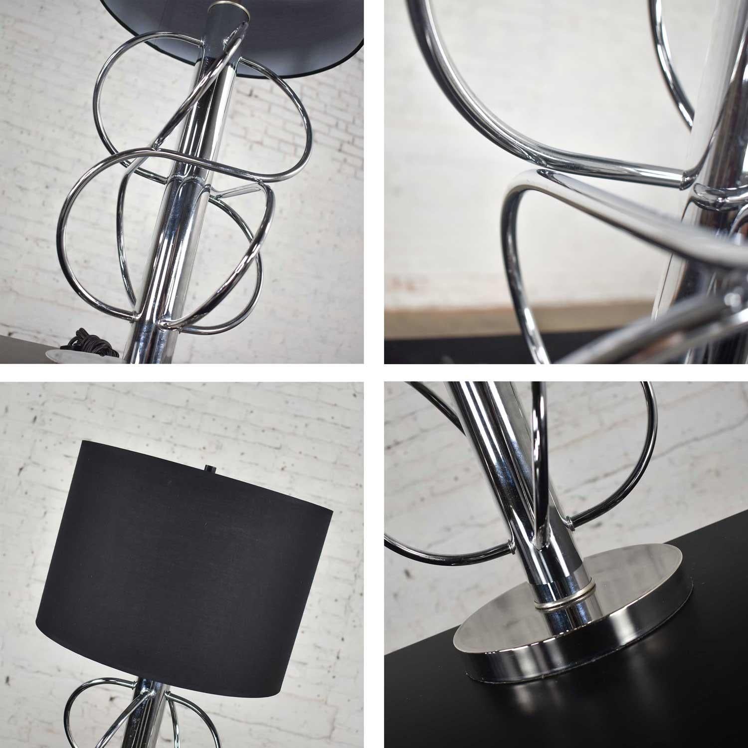 Vintage Mid-Century Modern Polished Chrome Table Lamp New Black Drum Shade For Sale 7