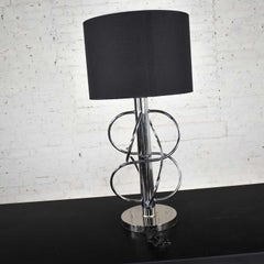 Vintage Mid-Century Modern Polished Chrome Table Lamp New Black Drum Shade