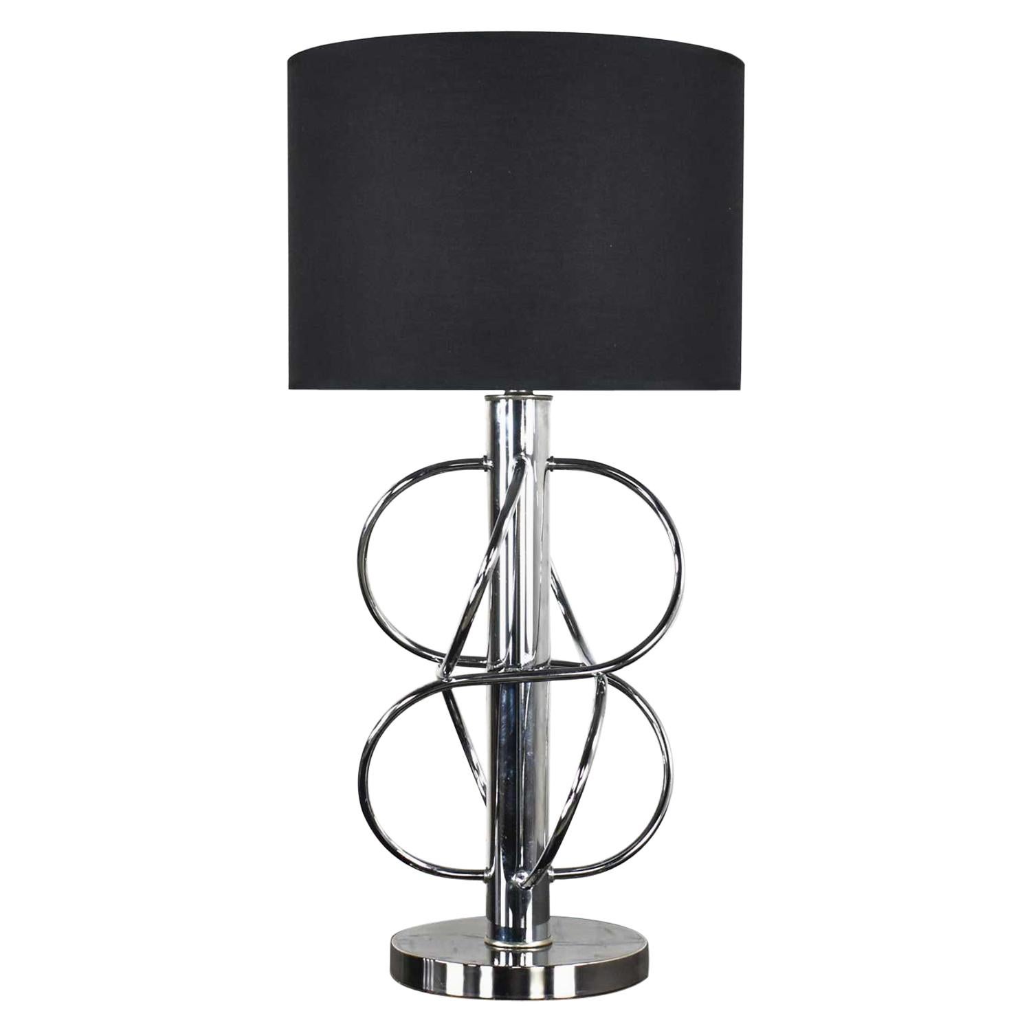 Vintage Mid-Century Modern Polished Chrome Table Lamp New Black Drum Shade For Sale