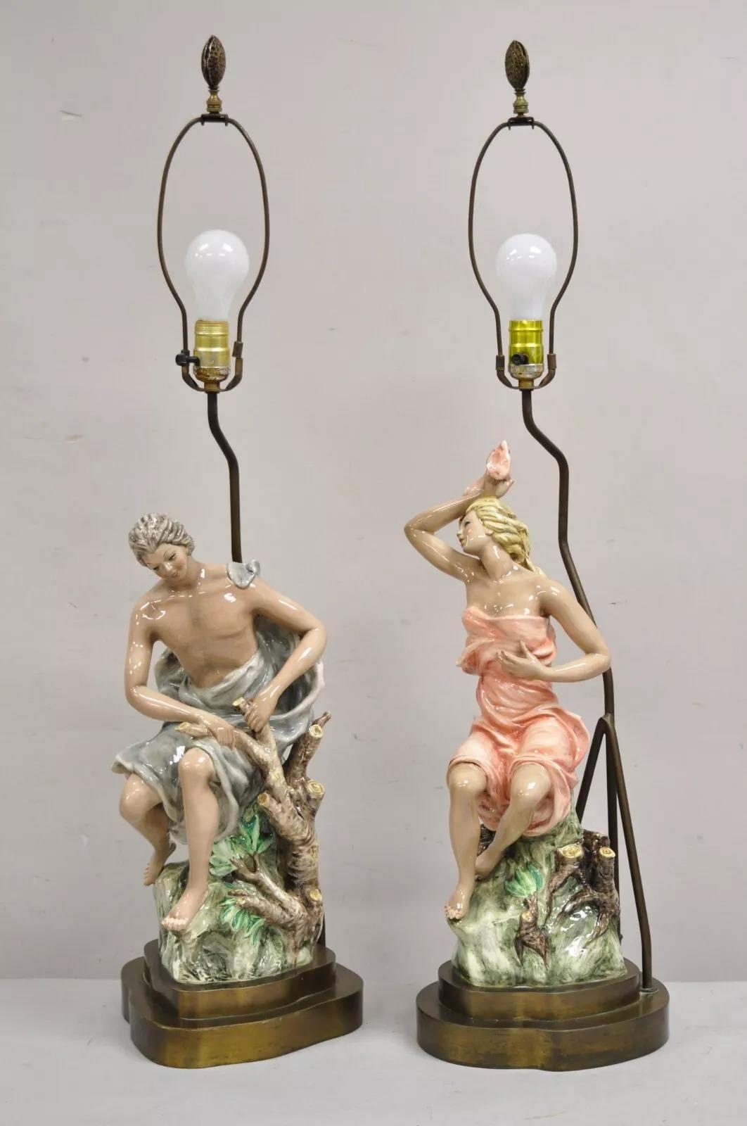Vintage Mid Century Modern Porcelain Male and Female Gypsy Table Lamps - a Pair For Sale 5