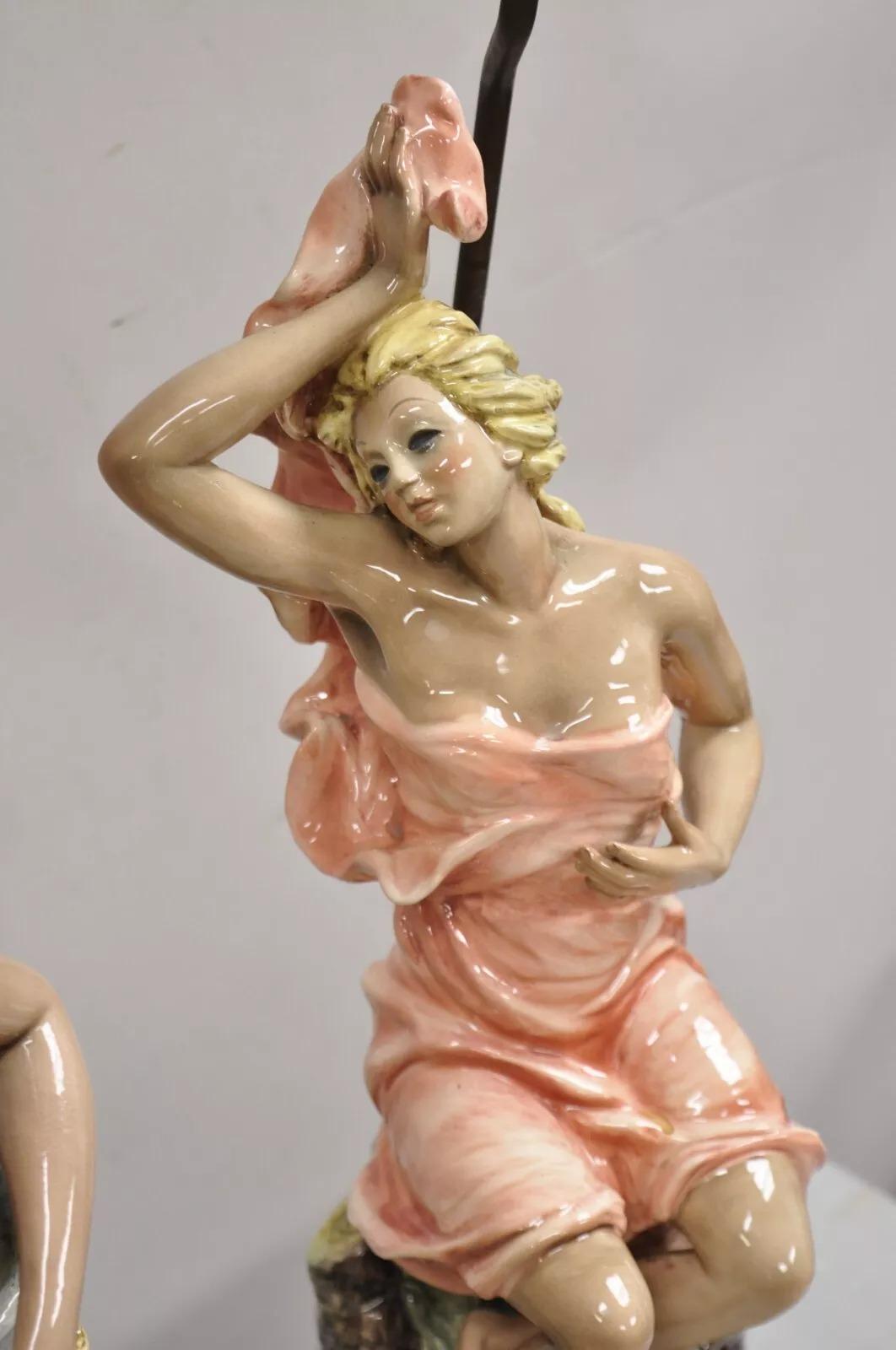 Brass Vintage Mid Century Modern Porcelain Male and Female Gypsy Table Lamps - a Pair For Sale