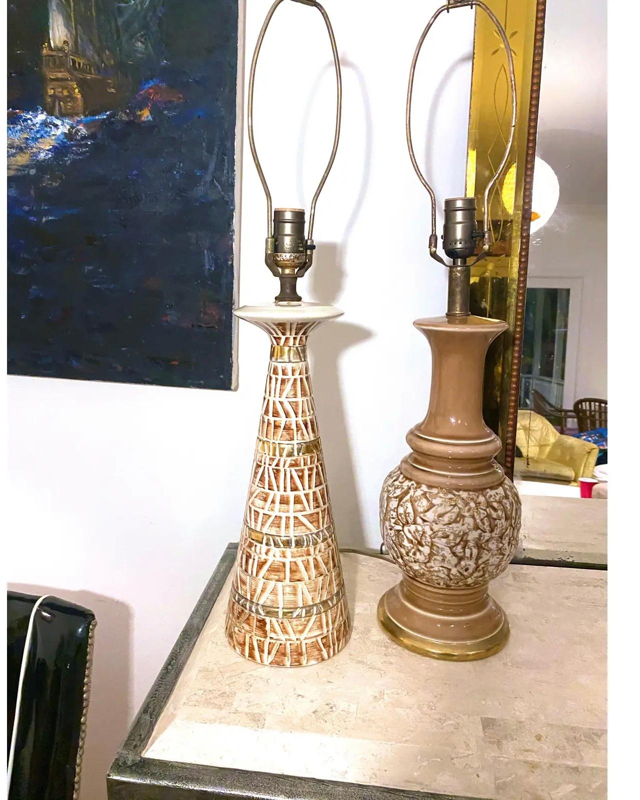 Vintage Mid-Century Modern Pottery Gold and Cream MIX Match Lamps - a Pair
 1
