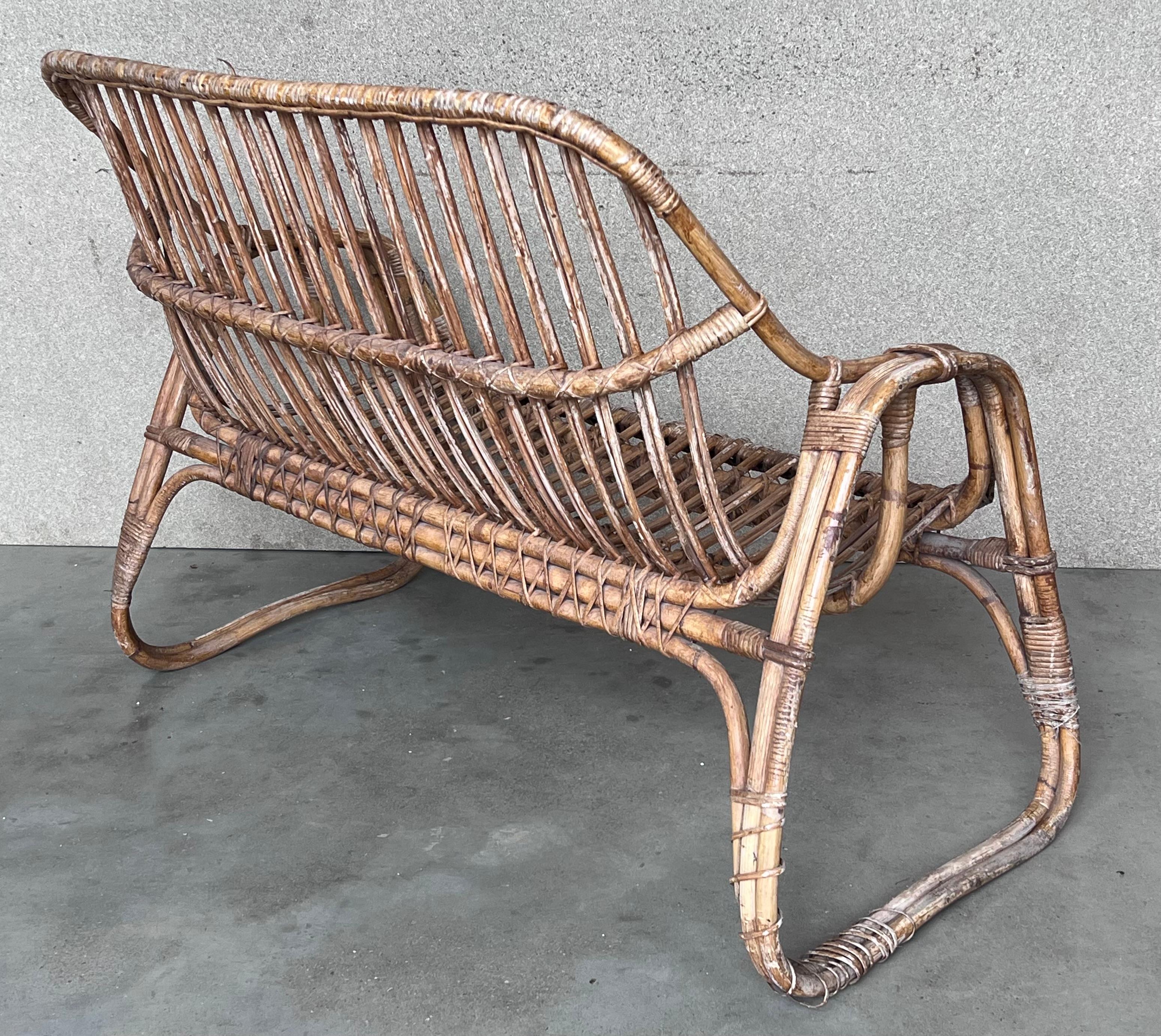 Vintage Mid-Century Modern Rattan and Bamboo Love Seat or Sofa, 1960s For Sale 5