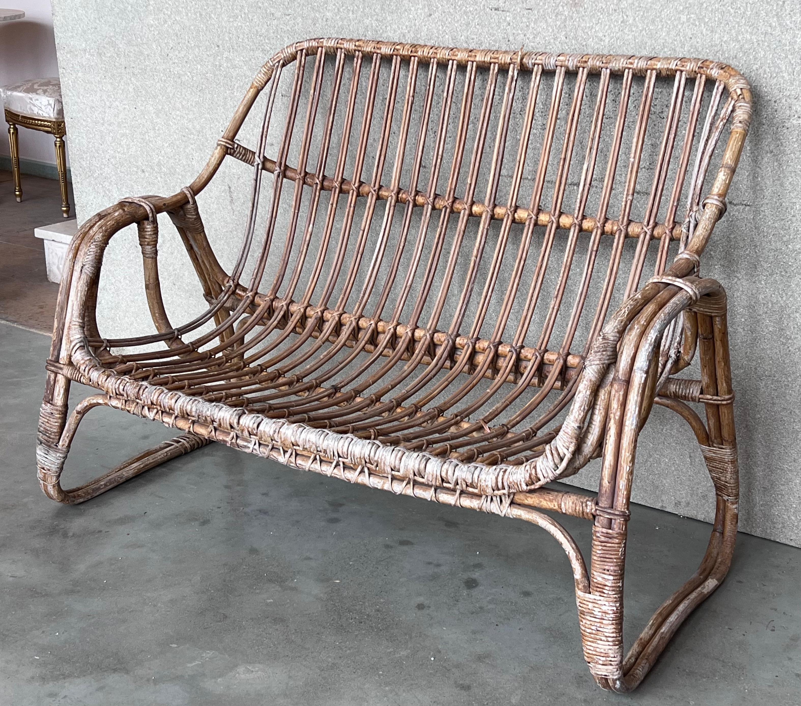 Spanish Vintage Mid-Century Modern Rattan and Bamboo Love Seat or Sofa, 1960s For Sale