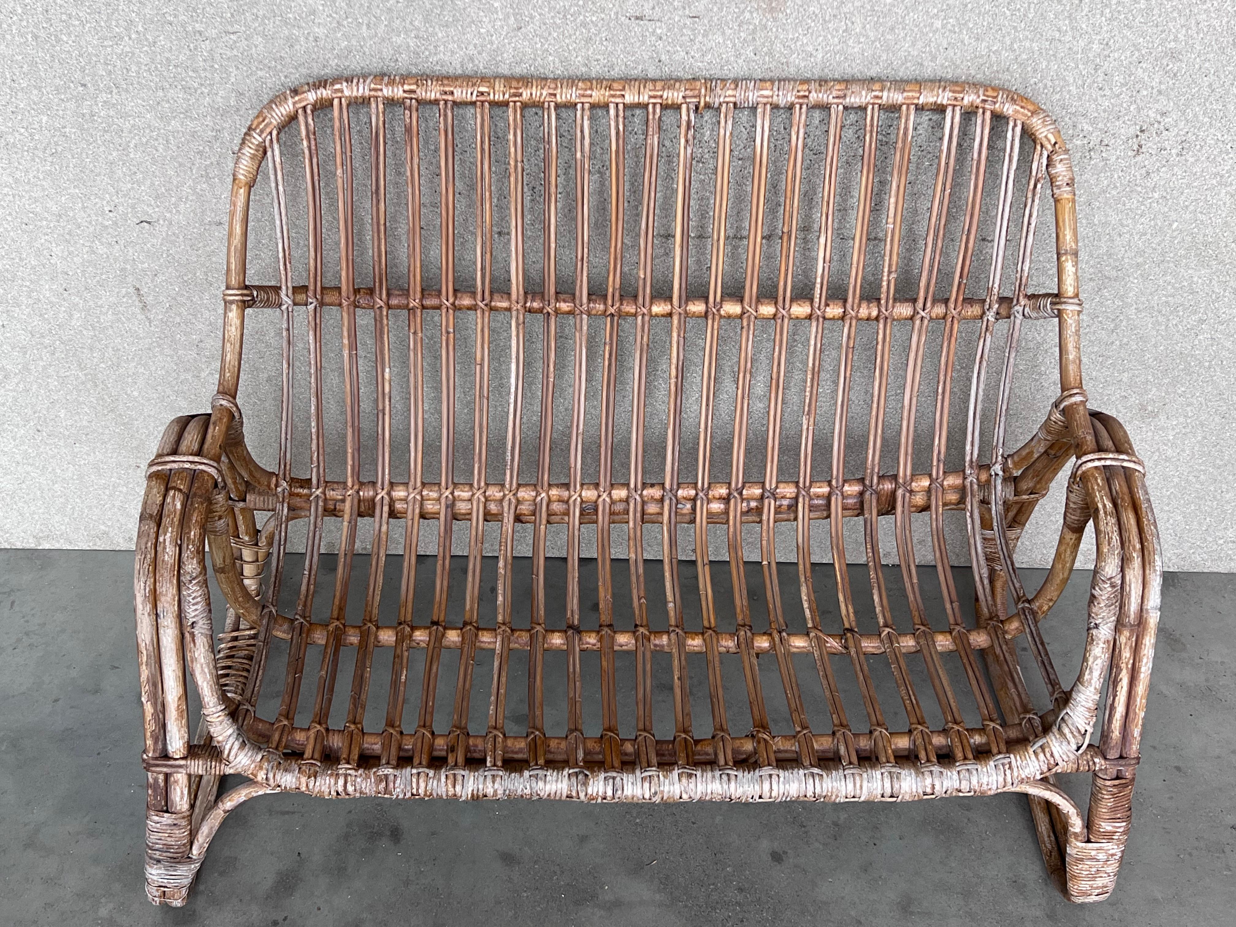 20th Century Vintage Mid-Century Modern Rattan and Bamboo Love Seat or Sofa, 1960s For Sale