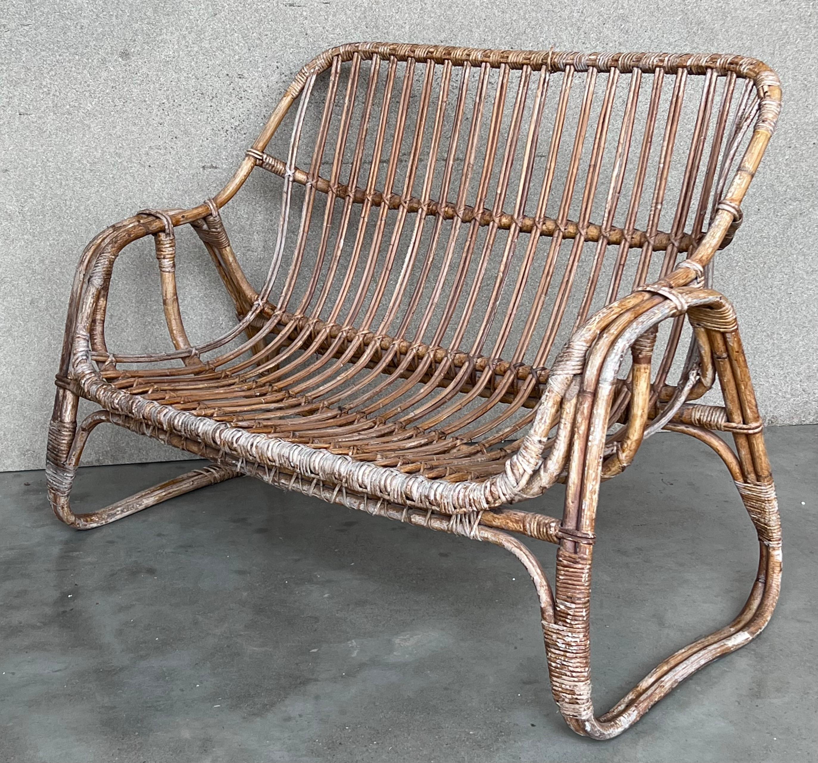 Vintage Mid-Century Modern Rattan and Bamboo Love Seat or Sofa, 1960s For Sale 1
