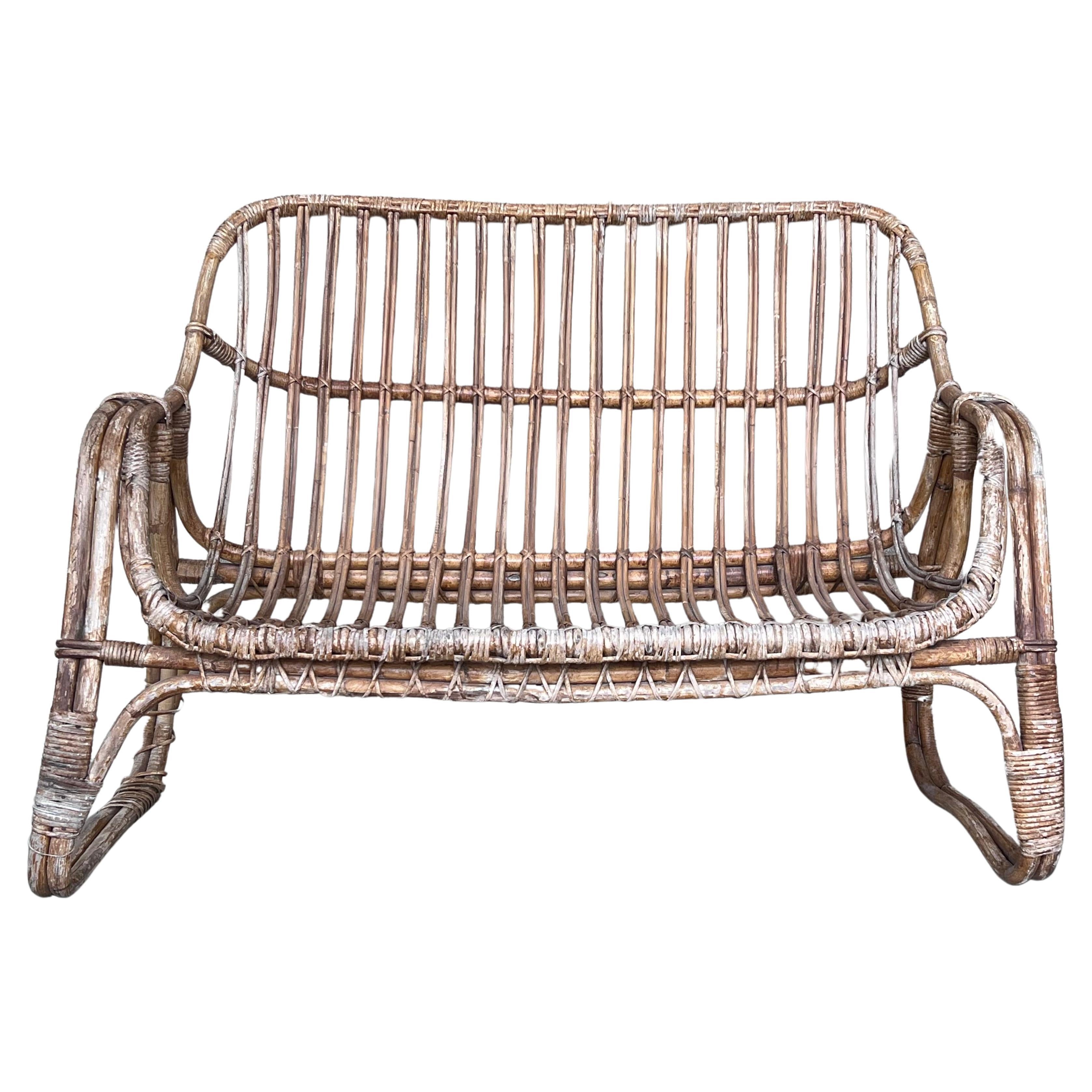 Vintage Mid-Century Modern Rattan and Bamboo Love Seat or Sofa, 1960s For Sale