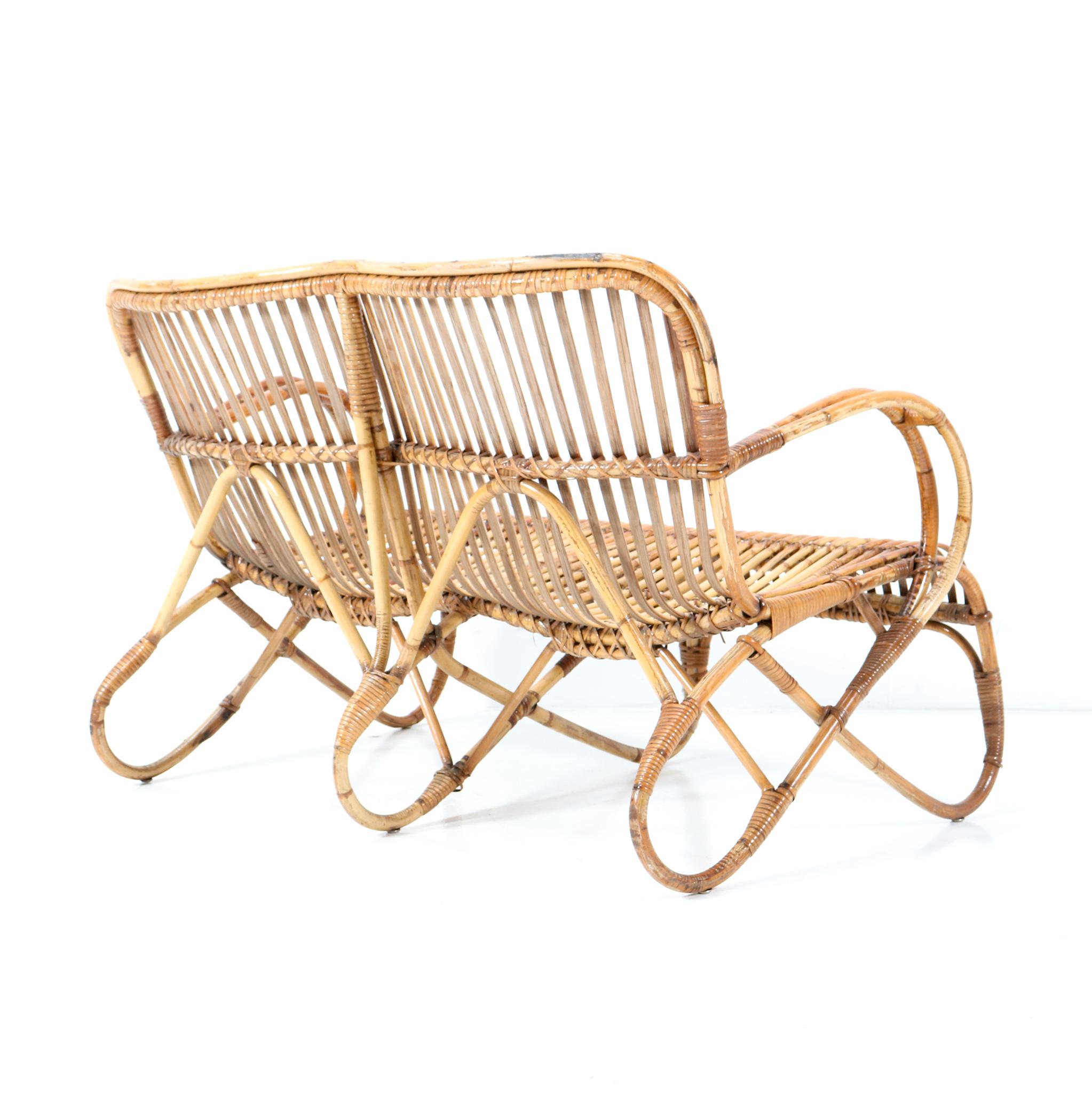 Vintage Mid-Century Modern Rattan and Bamboo Love Seat or Sofa by Rohe, 1960s 6