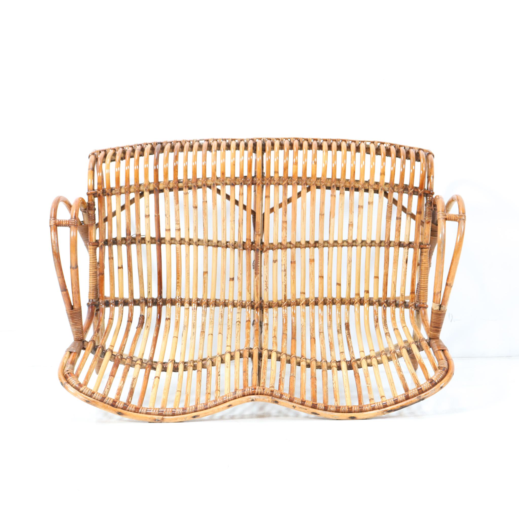 Vintage Mid-Century Modern Rattan and Bamboo Love Seat or Sofa by Rohe, 1960s 7