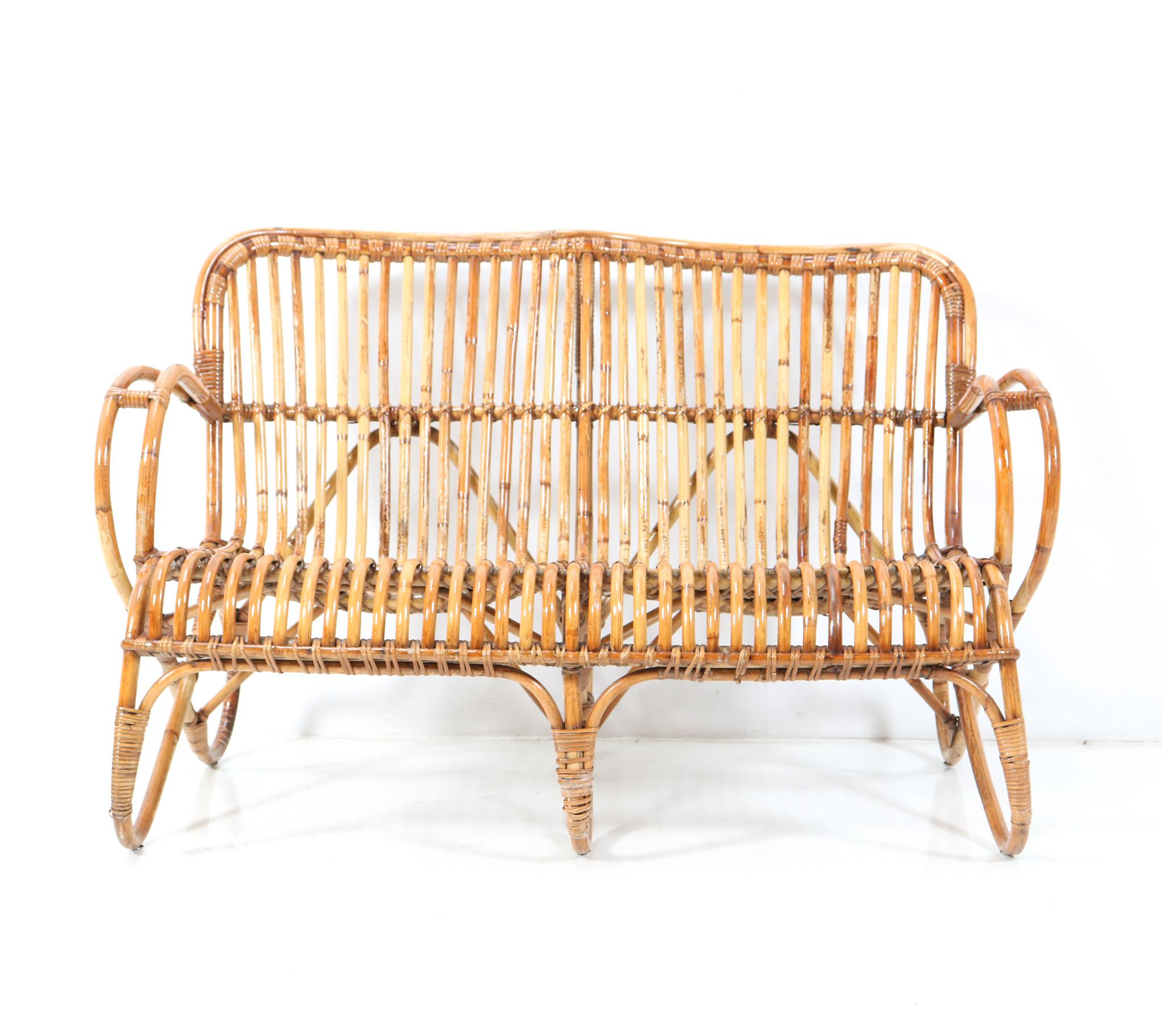 Dutch Vintage Mid-Century Modern Rattan and Bamboo Love Seat or Sofa by Rohe, 1960s