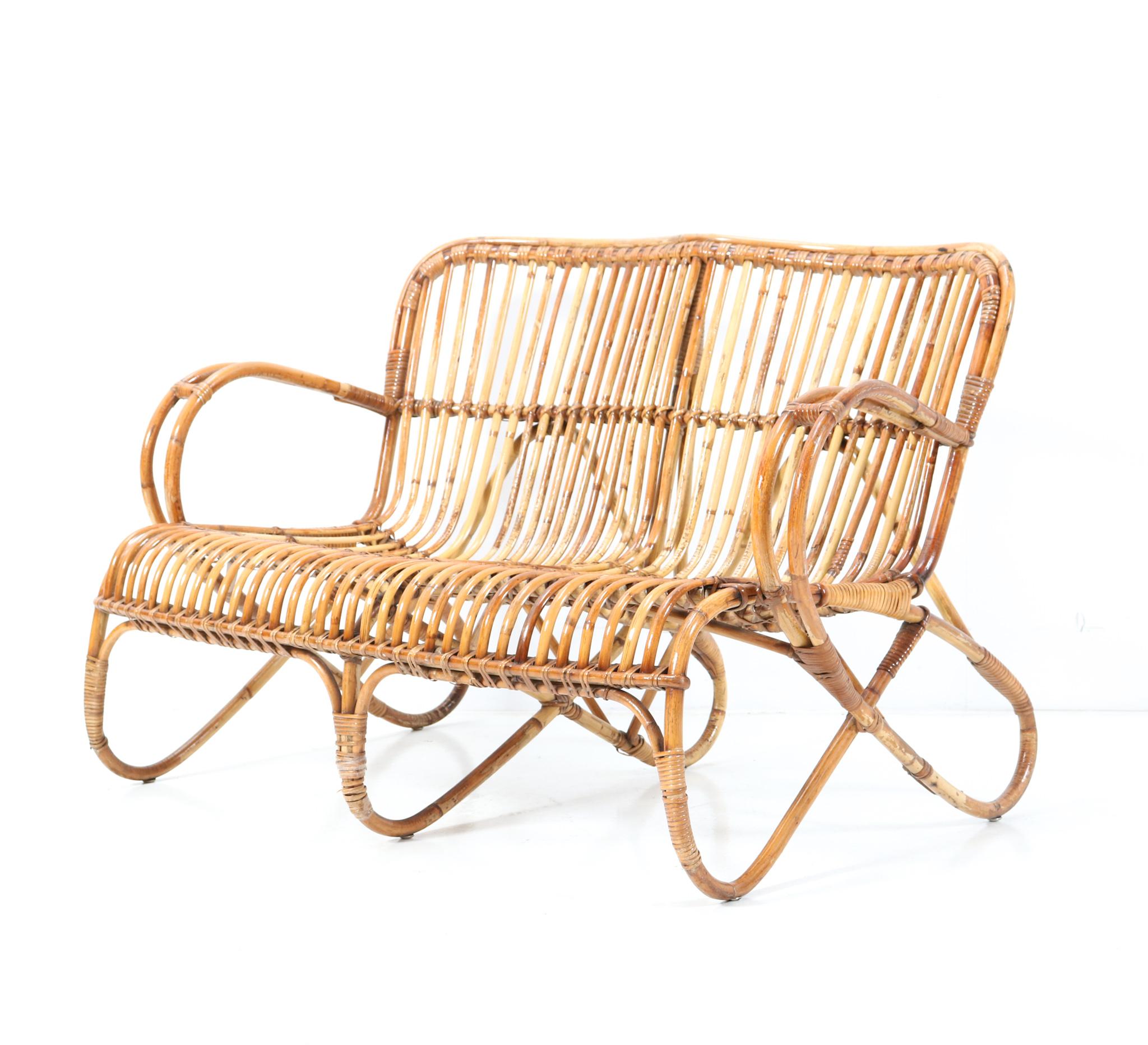 Vintage Mid-Century Modern Rattan and Bamboo Love Seat or Sofa by Rohe, 1960s In Good Condition In Amsterdam, NL