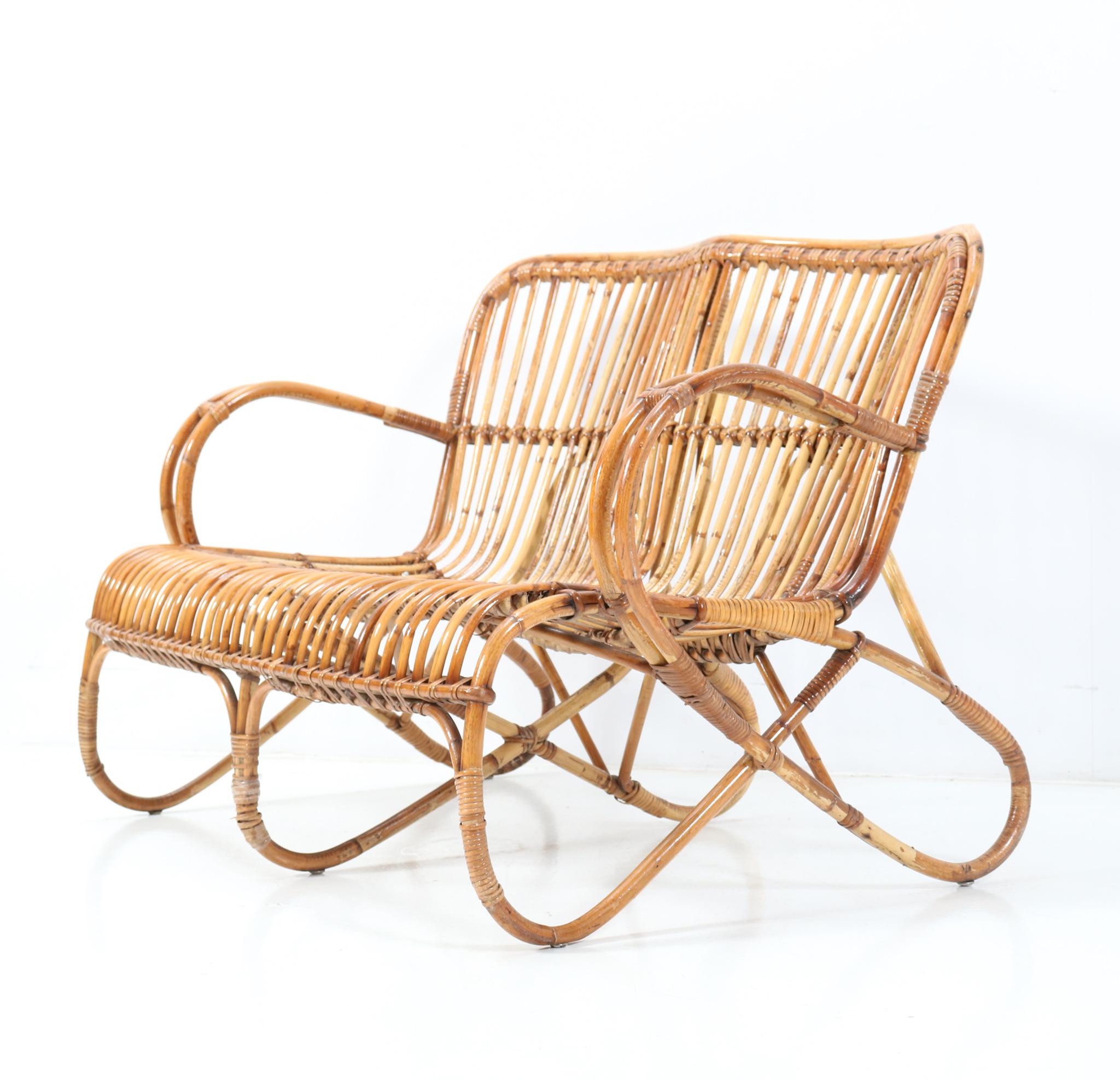 Mid-20th Century Vintage Mid-Century Modern Rattan and Bamboo Love Seat or Sofa by Rohe, 1960s