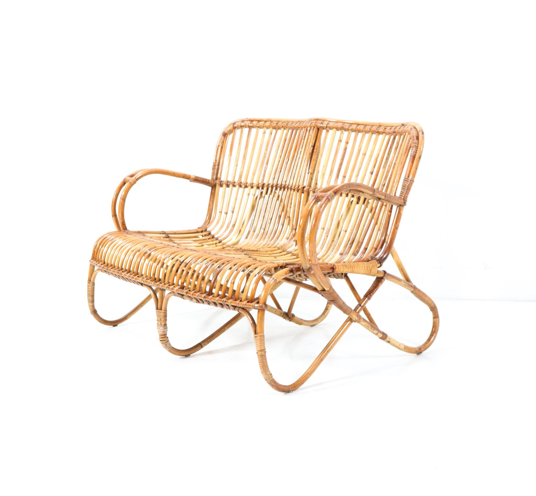 Vintage Mid-Century Modern Rattan and Bamboo Love Seat or Sofa by Rohe, 1960s 1