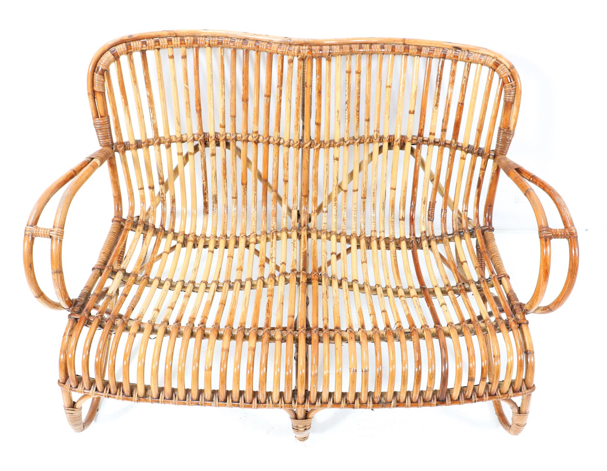 Vintage Mid-Century Modern Rattan and Bamboo Love Seat or Sofa by Rohe, 1960s 2