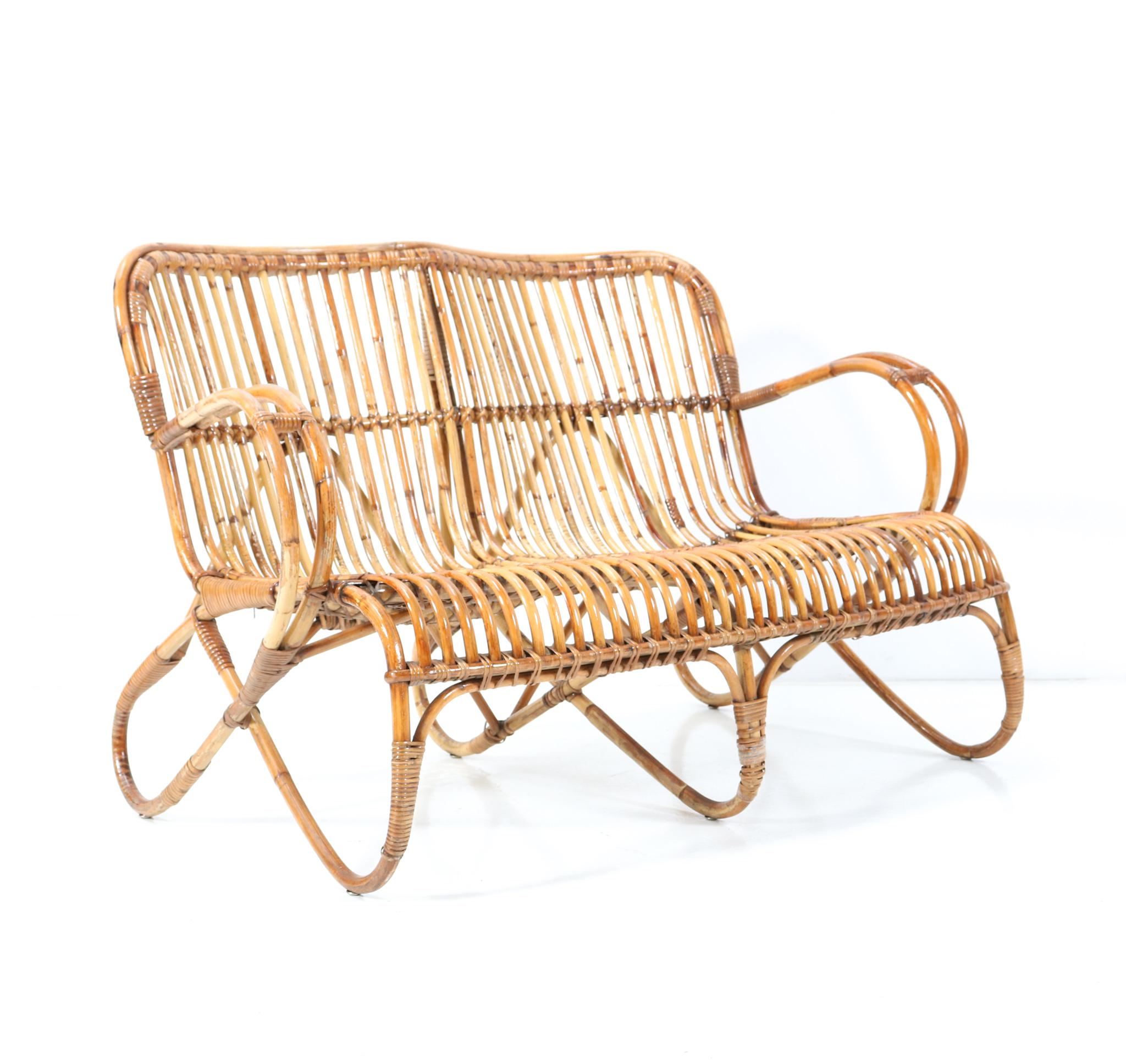 Vintage Mid-Century Modern Rattan and Bamboo Love Seat or Sofa by Rohe, 1960s 3