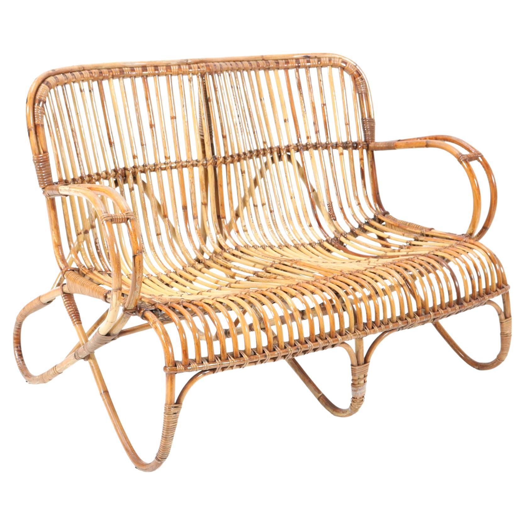 Vintage Mid-Century Modern Rattan and Bamboo Love Seat or Sofa by Rohe, 1960s