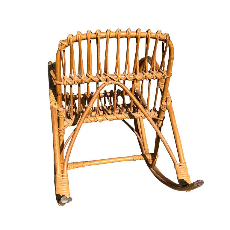 Bamboo Vintage Mid-Century Modern Rattan Children’s Rocking Chair, France, 1950s For Sale