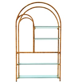 Vintage Mid Century Modern Rattan Etagere or Book Shelves with Glass Shelves