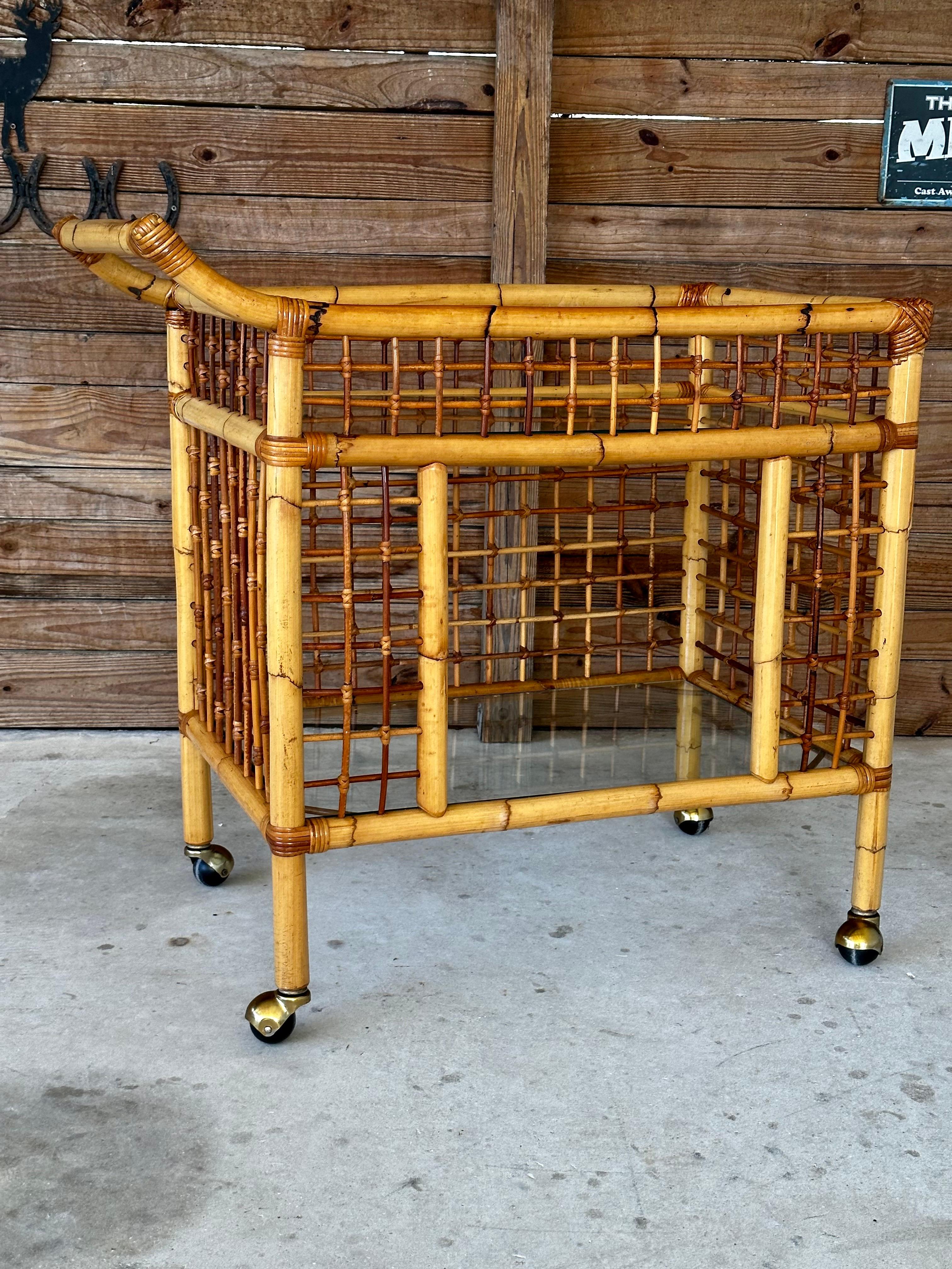 Vintage Mid-Century Modern Rattan Two Shelf Bar Cart With Glass on Casters 4