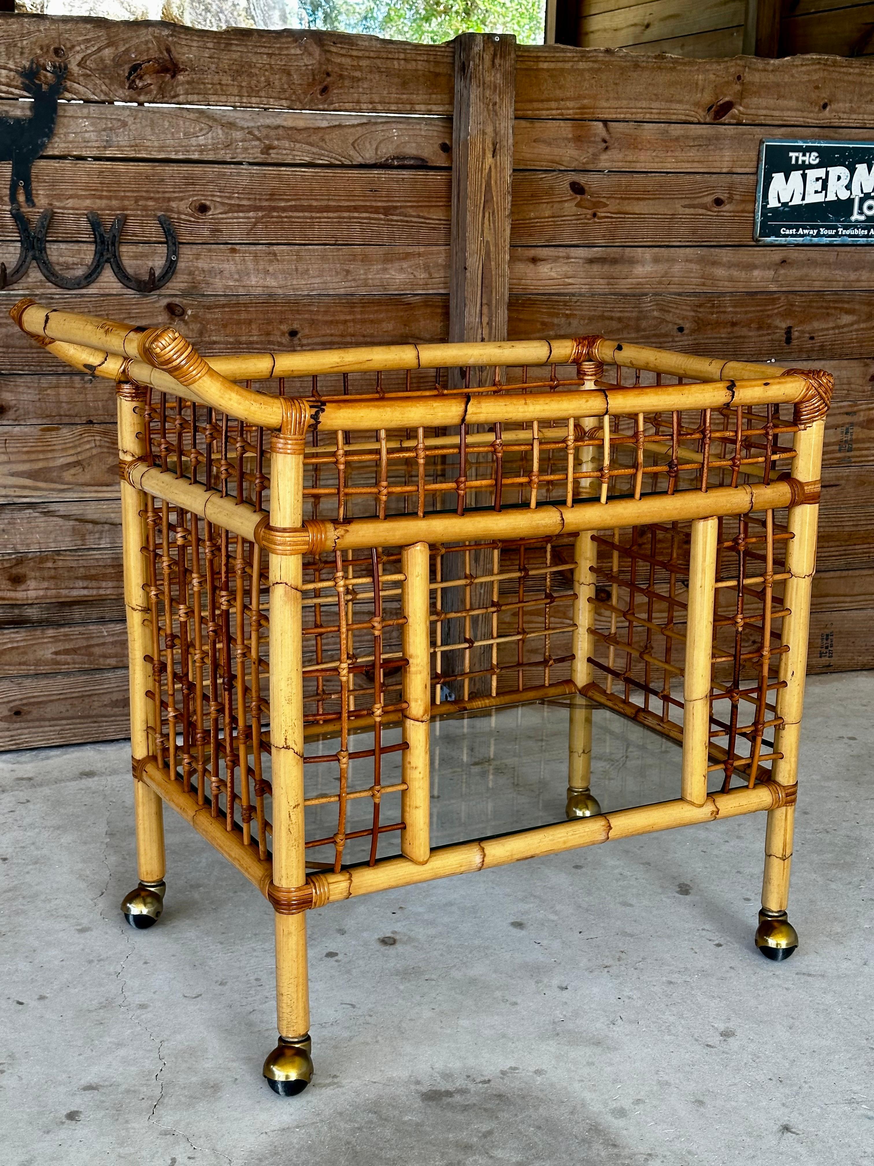 Vintage Mid-Century Modern Rattan Two Shelf Bar Cart With Glass on Casters 5