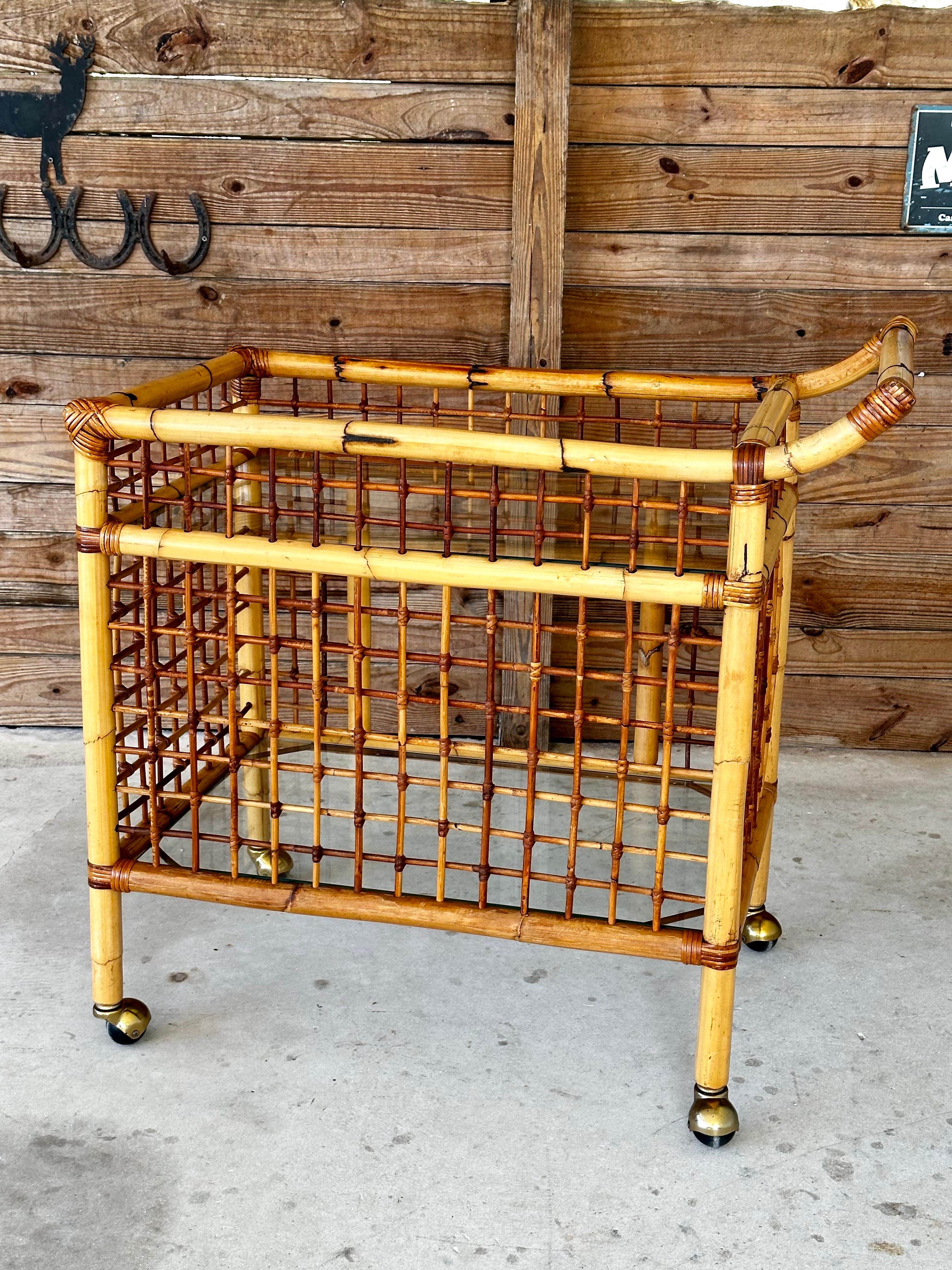 Unknown Vintage Mid-Century Modern Rattan Two Shelf Bar Cart With Glass on Casters