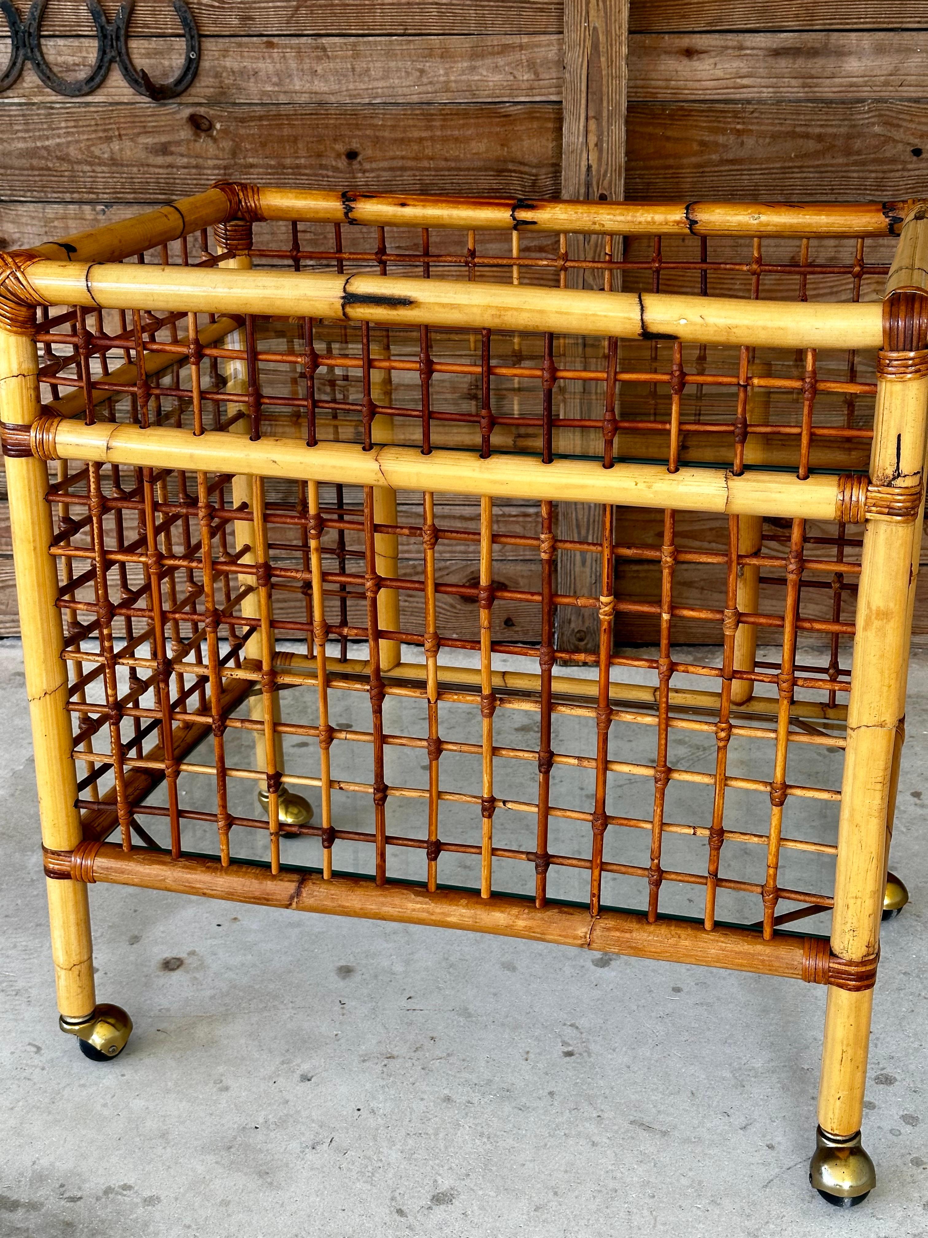 Caning Vintage Mid-Century Modern Rattan Two Shelf Bar Cart With Glass on Casters