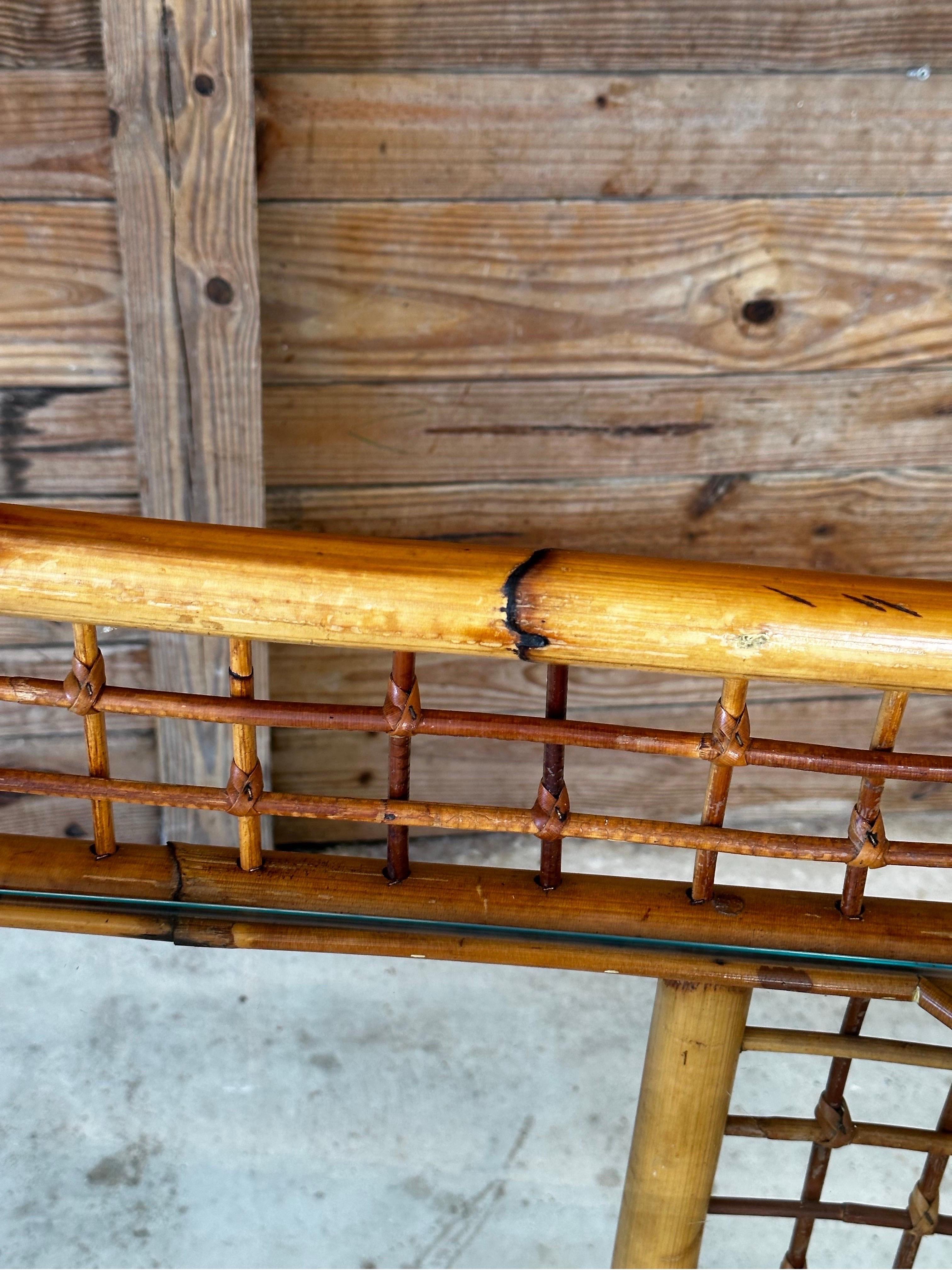 Vintage Mid-Century Modern Rattan Two Shelf Bar Cart With Glass on Casters In Good Condition In North Fort Myers, FL