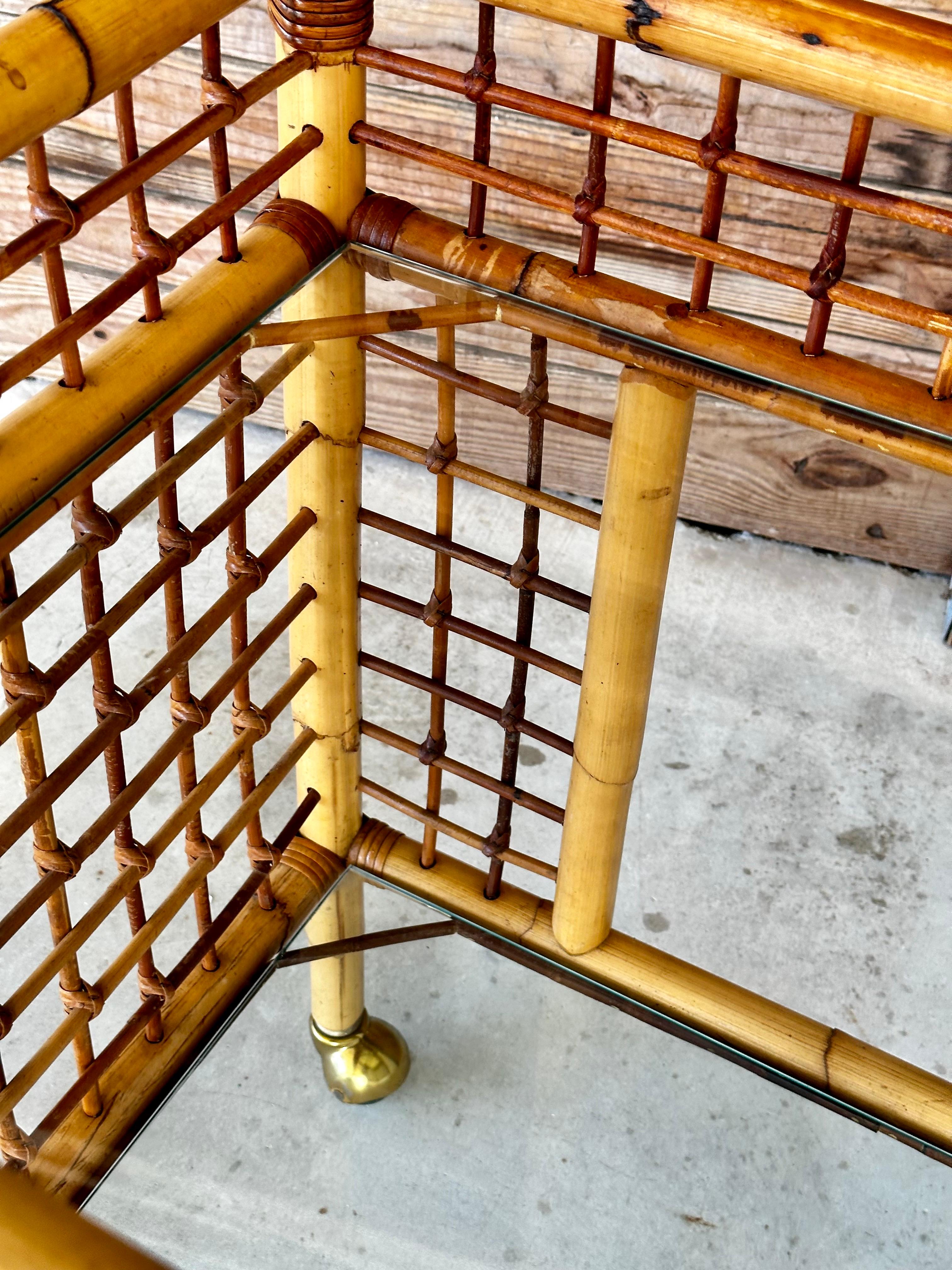 20th Century Vintage Mid-Century Modern Rattan Two Shelf Bar Cart With Glass on Casters