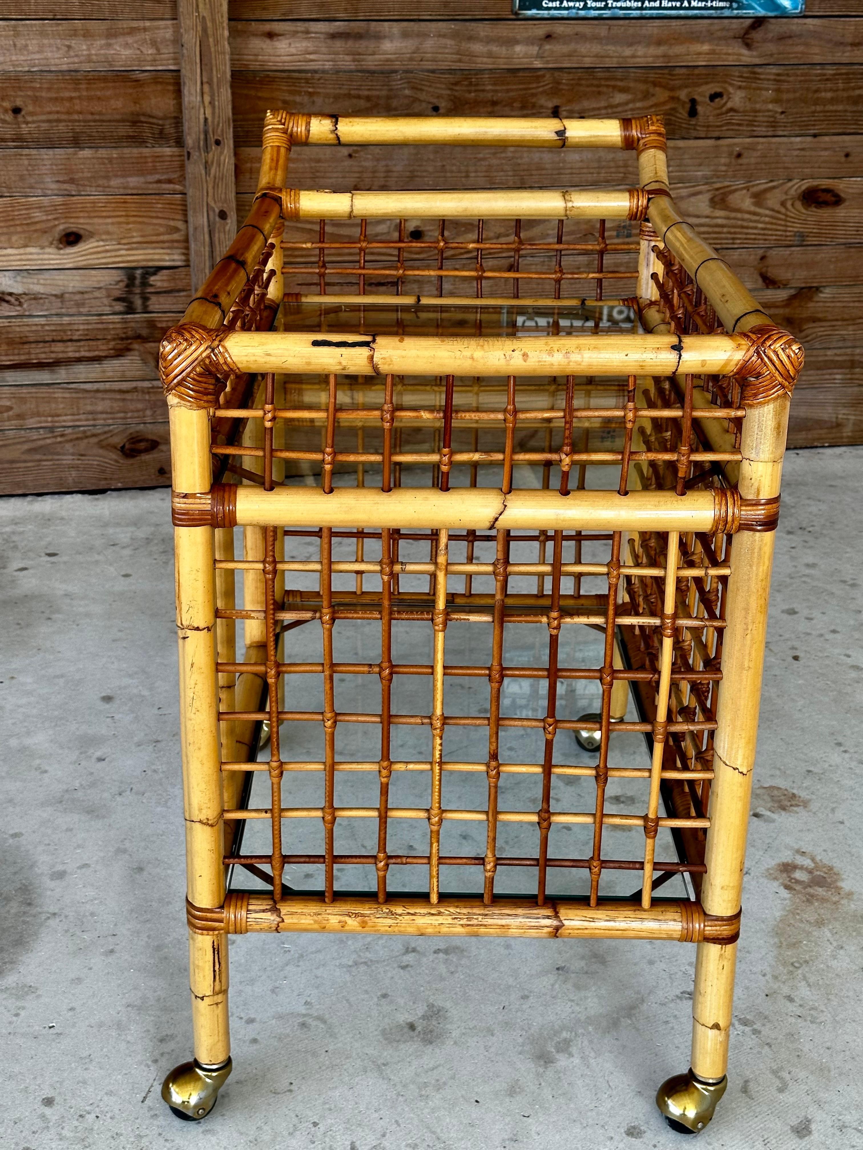 Vintage Mid-Century Modern Rattan Two Shelf Bar Cart With Glass on Casters 1