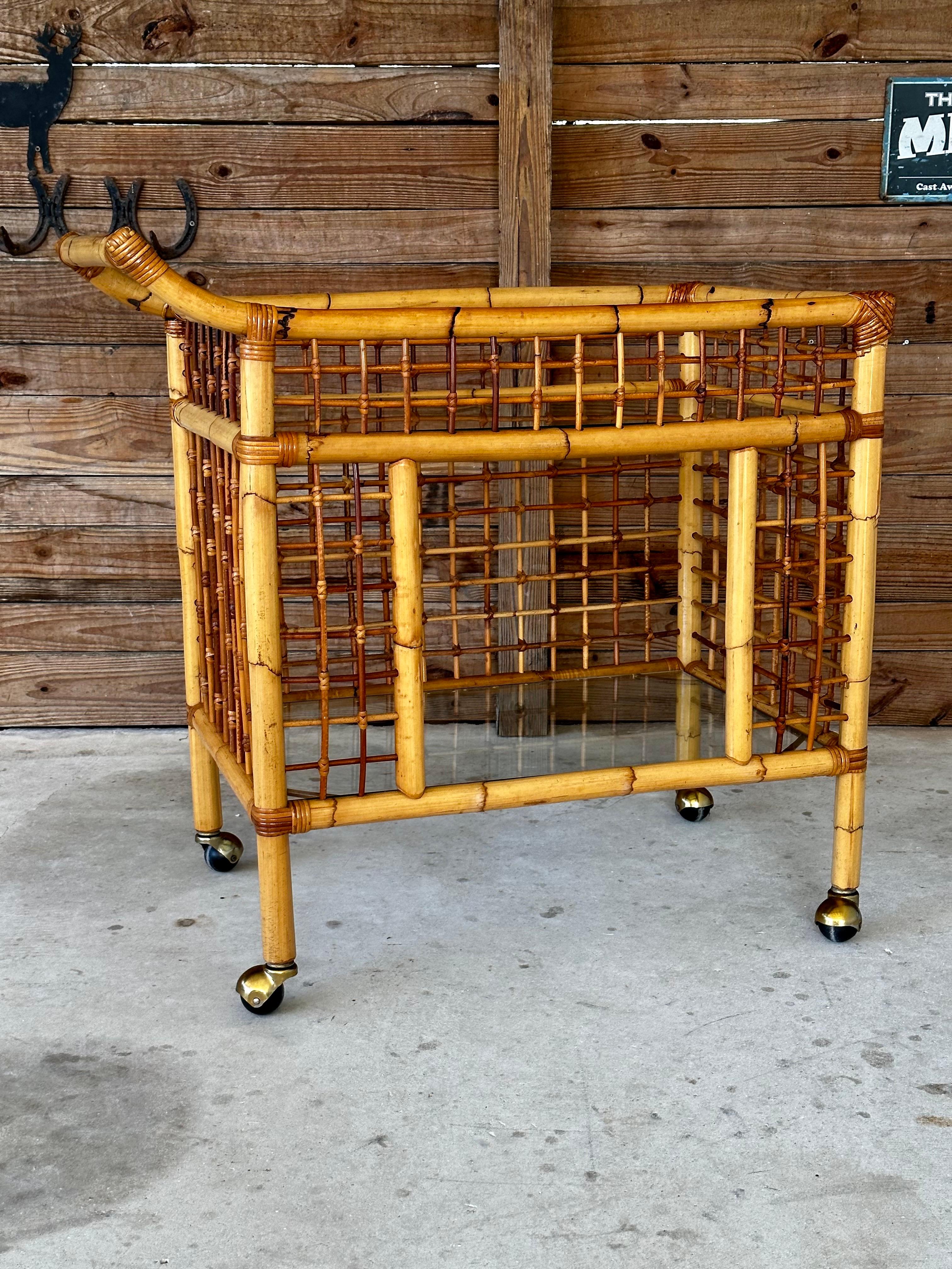 Vintage Mid-Century Modern Rattan Two Shelf Bar Cart With Glass on Casters 3
