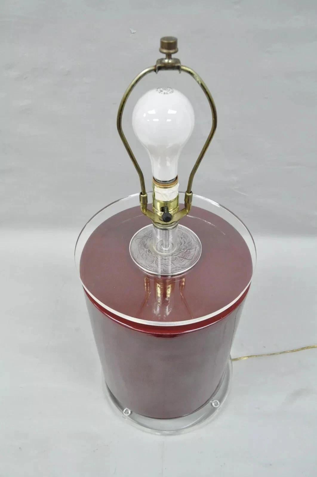 Mid-Century Modern Vintage Mid Century Modern Red Ceramic Cylinder & Lucite Modernist Table Lamp For Sale