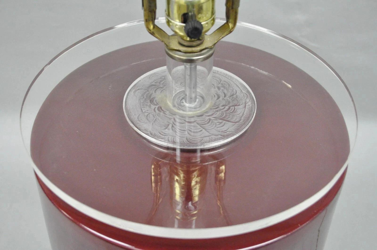 Unknown Vintage Mid Century Modern Red Ceramic Cylinder & Lucite Modernist Table Lamp For Sale