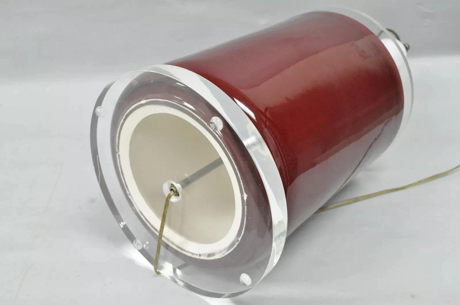 Vintage Mid Century Modern Red Ceramic Cylinder & Lucite Modernist Table Lamp For Sale 2