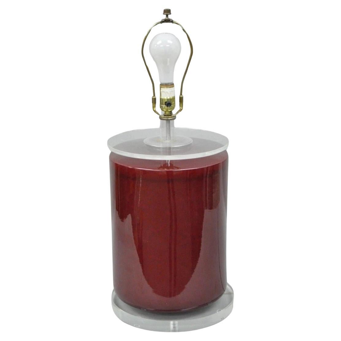 Vintage Mid Century Modern Red Ceramic Cylinder & Lucite Modernist Table Lamp For Sale