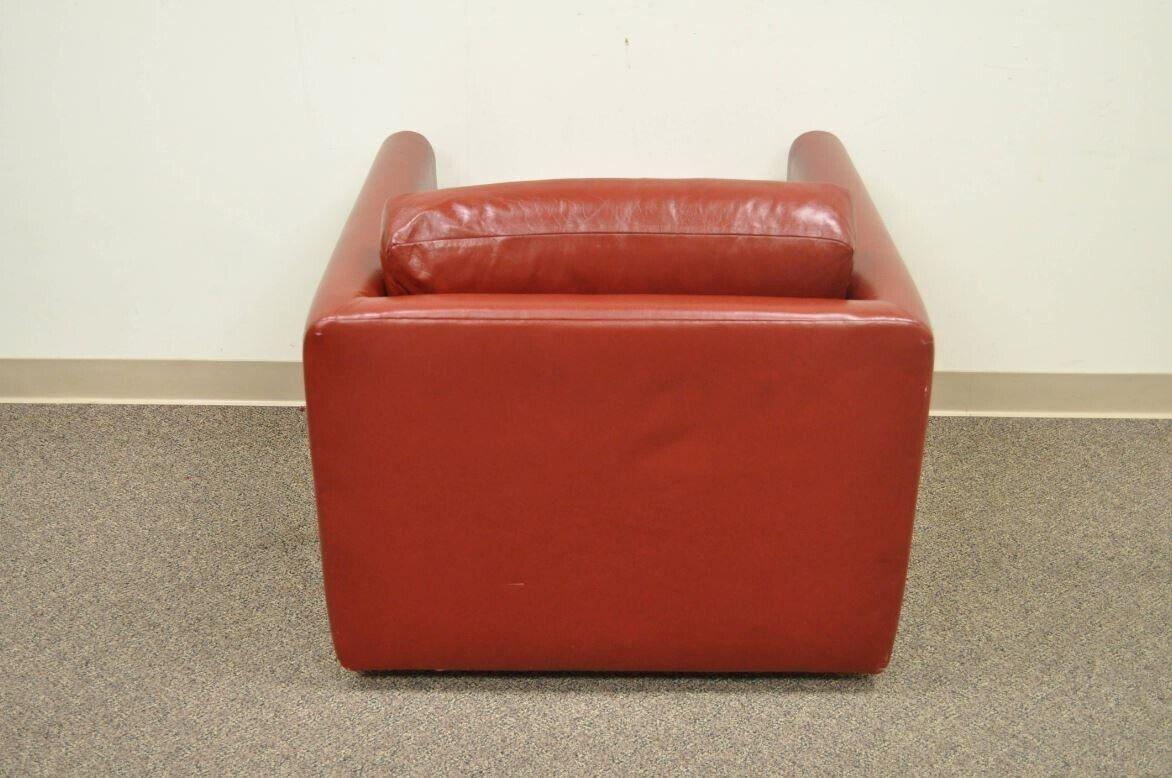 20th Century Vintage Mid-Century Modern Red Leather Cube Club Lounge Chair on Casters For Sale