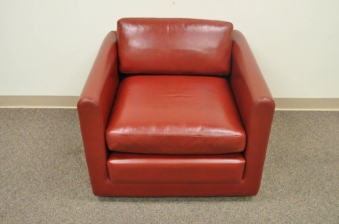 Vintage Mid-Century Modern Red Leather Cube Club Lounge Chair on Casters For Sale 4