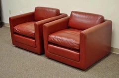 Vintage Mid Century Modern Red Leather Cube Club Lounge Chairs on Casters - Pair