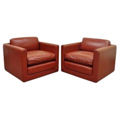 Vintage Mid Century Modern Red Leather Cube Club Lounge Chairs on Casters - Pair