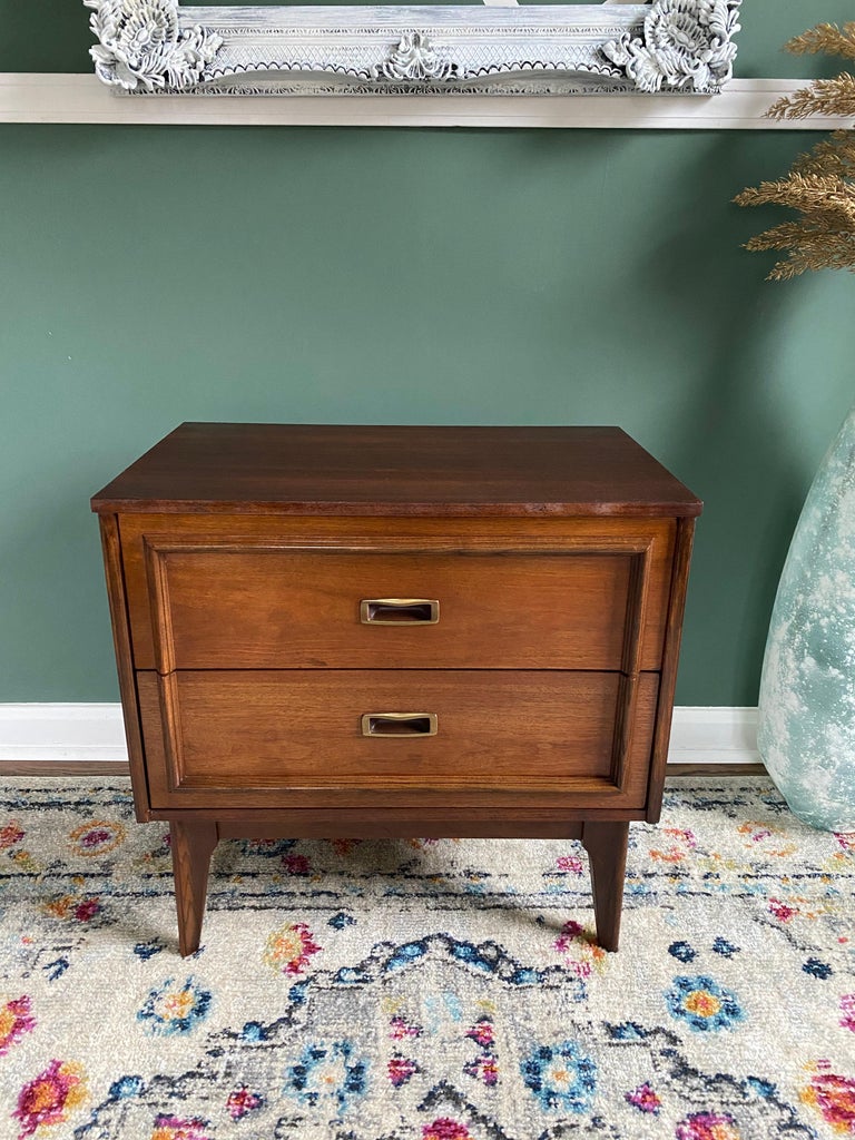 Vintage MidCentury Modern Refinished Nightstand With Brass Handles For