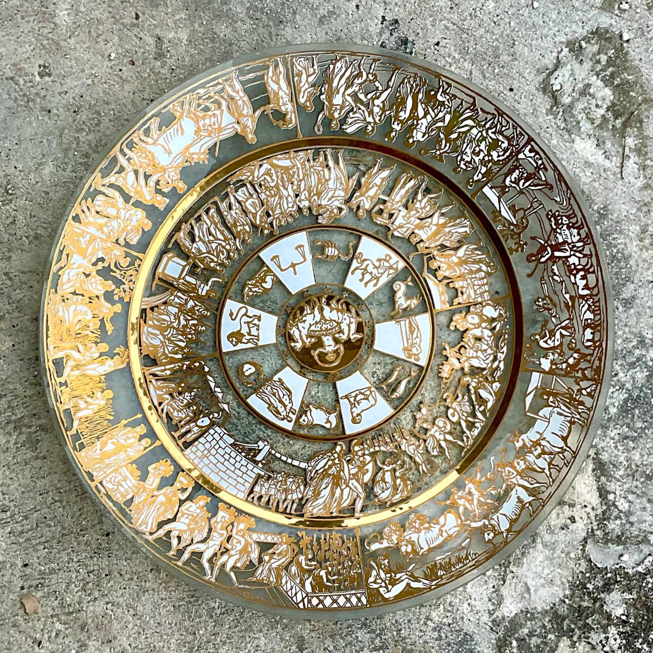 Glass Vintage Mid-Century Modern Reverse Painted Zodiac Bowl