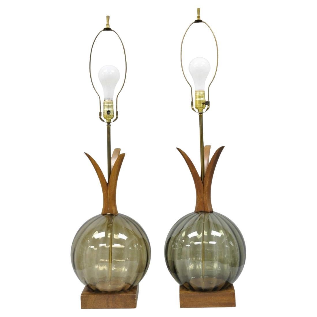 Vintage Mid Century Modern Ribbed Smoked Glass Orb Pineapple Table Lamps - Pair