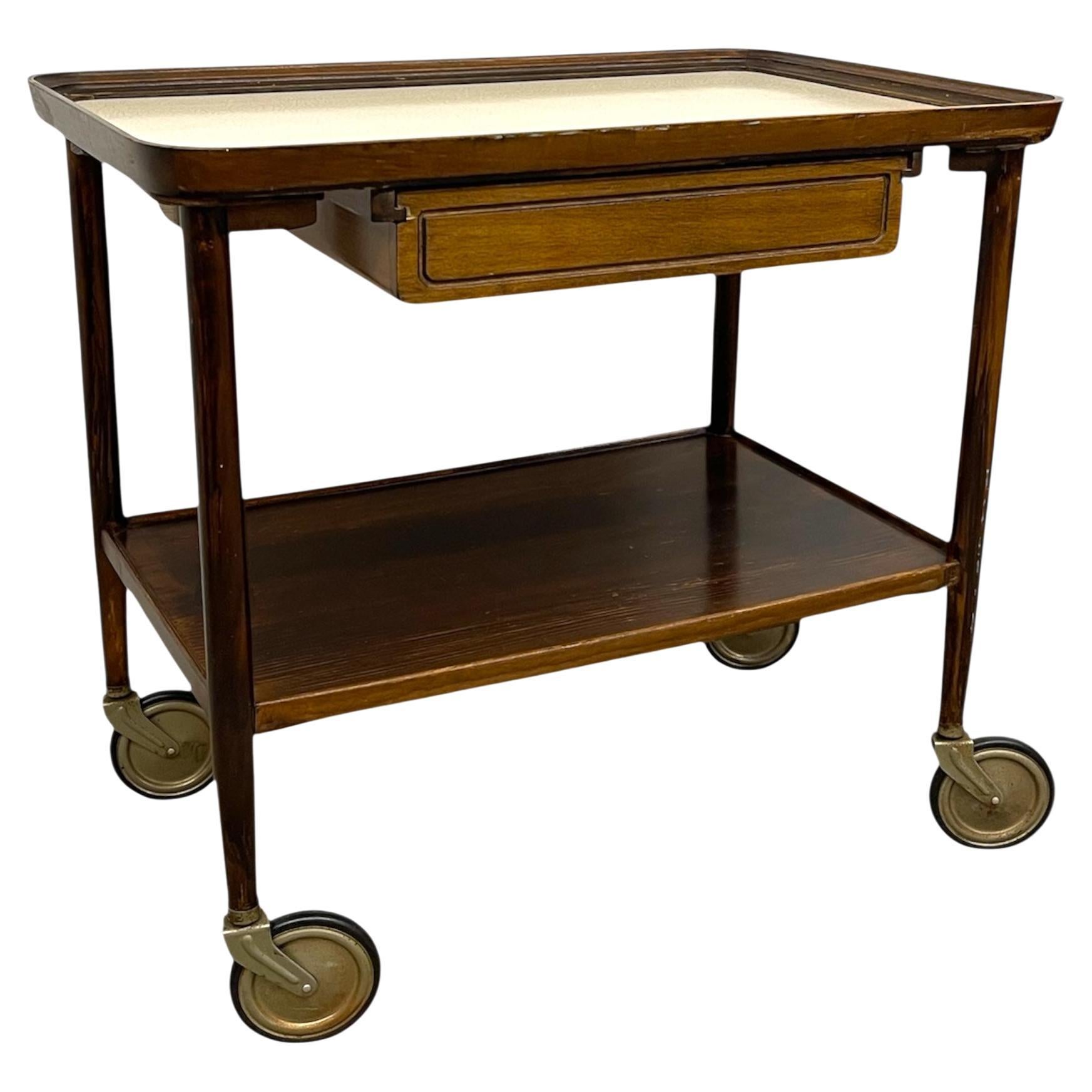 Vintage Mid-Century Modern Rolling Bar Cart with Drawer